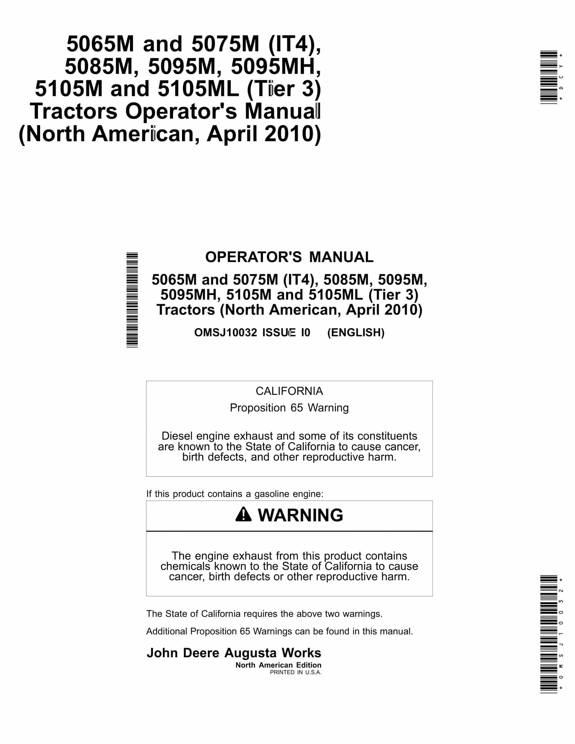 John Deere 5065M and 5075M (IT4), 5085M, 5095M, 5095MH, 5105M and 5105ML (Tier 3) Tractor Operator Manual OMSJ10032-1