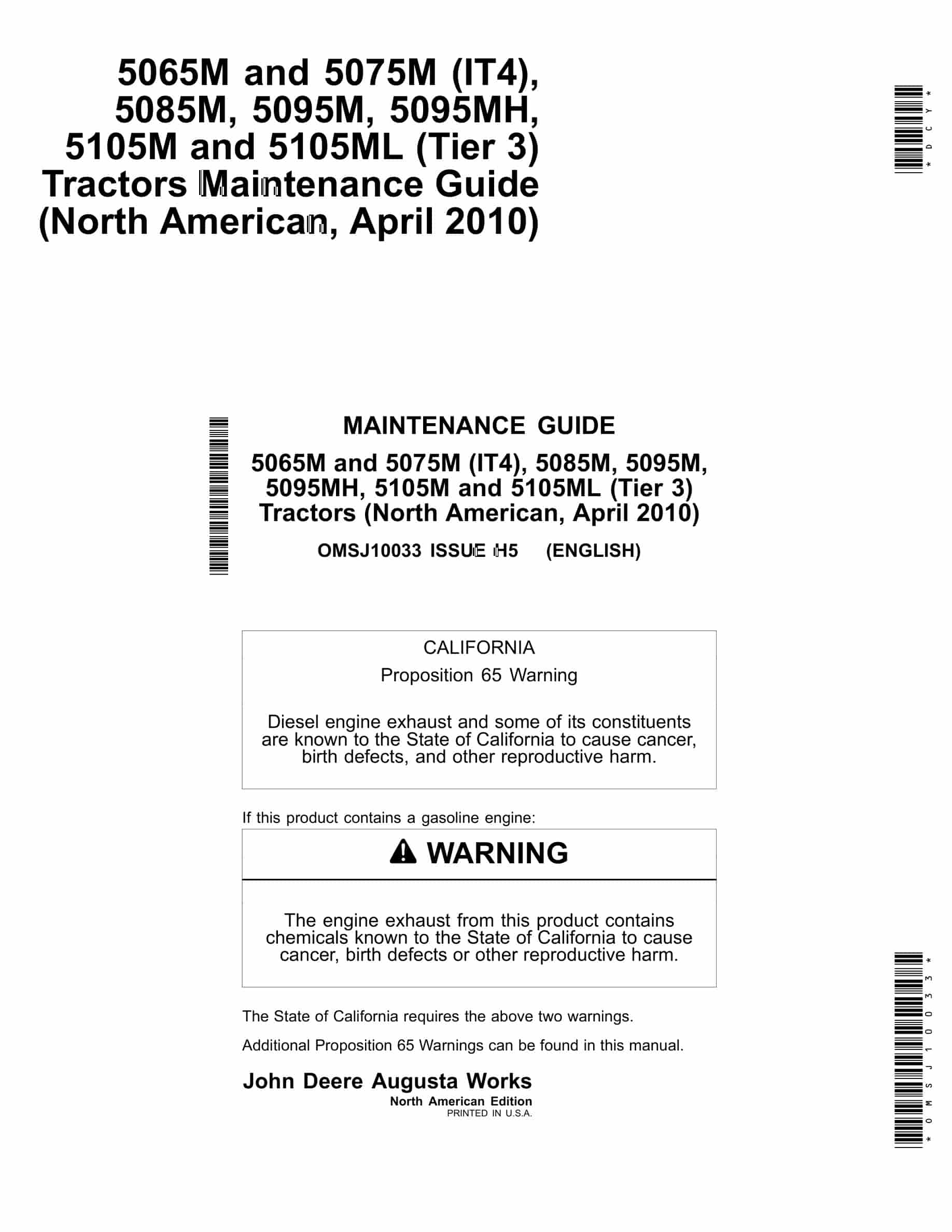 John Deere 5065M and 5075M (IT4), 5085M, 5095M, 5095MH, 5105M and 5105ML (Tier 3) Tractor Operator Manual OMSJ10033-1