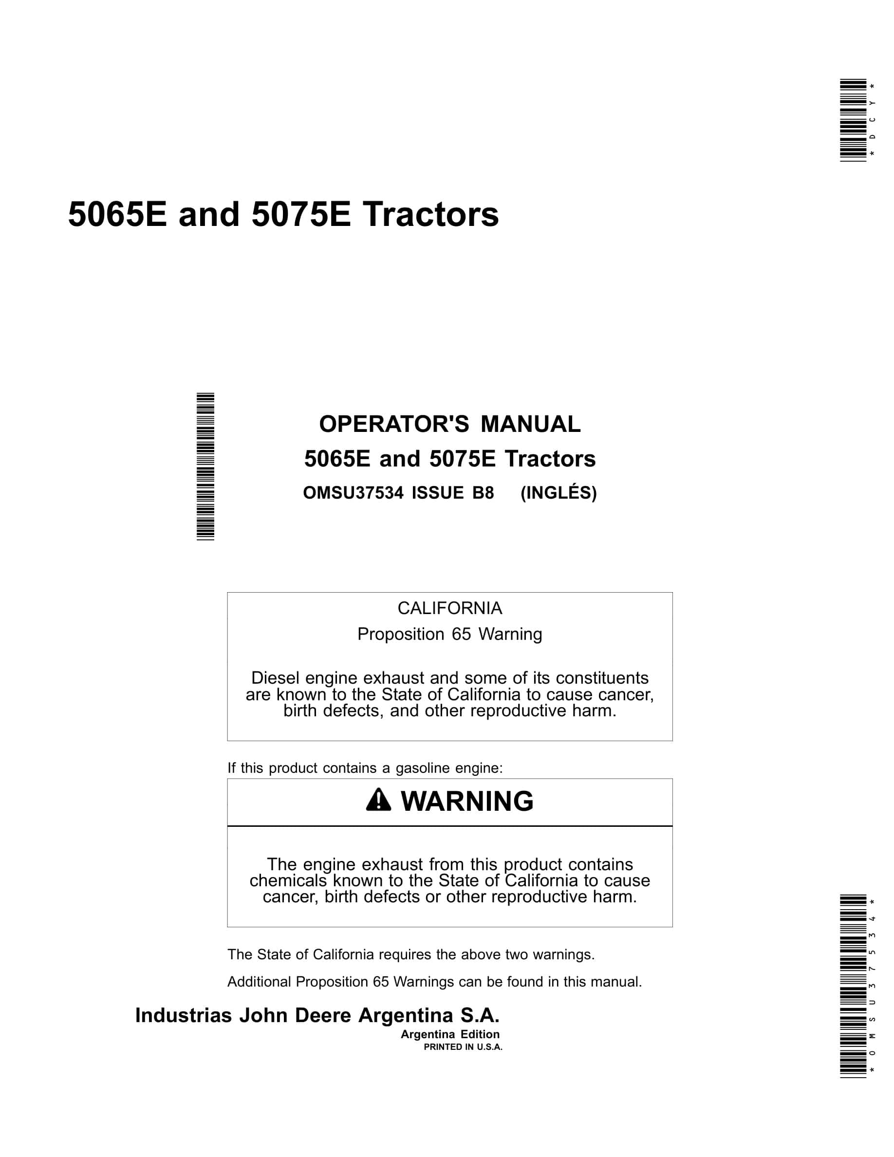 John Deere 5065e And 5075e Tractors Operator Manuals OMSU37534-1