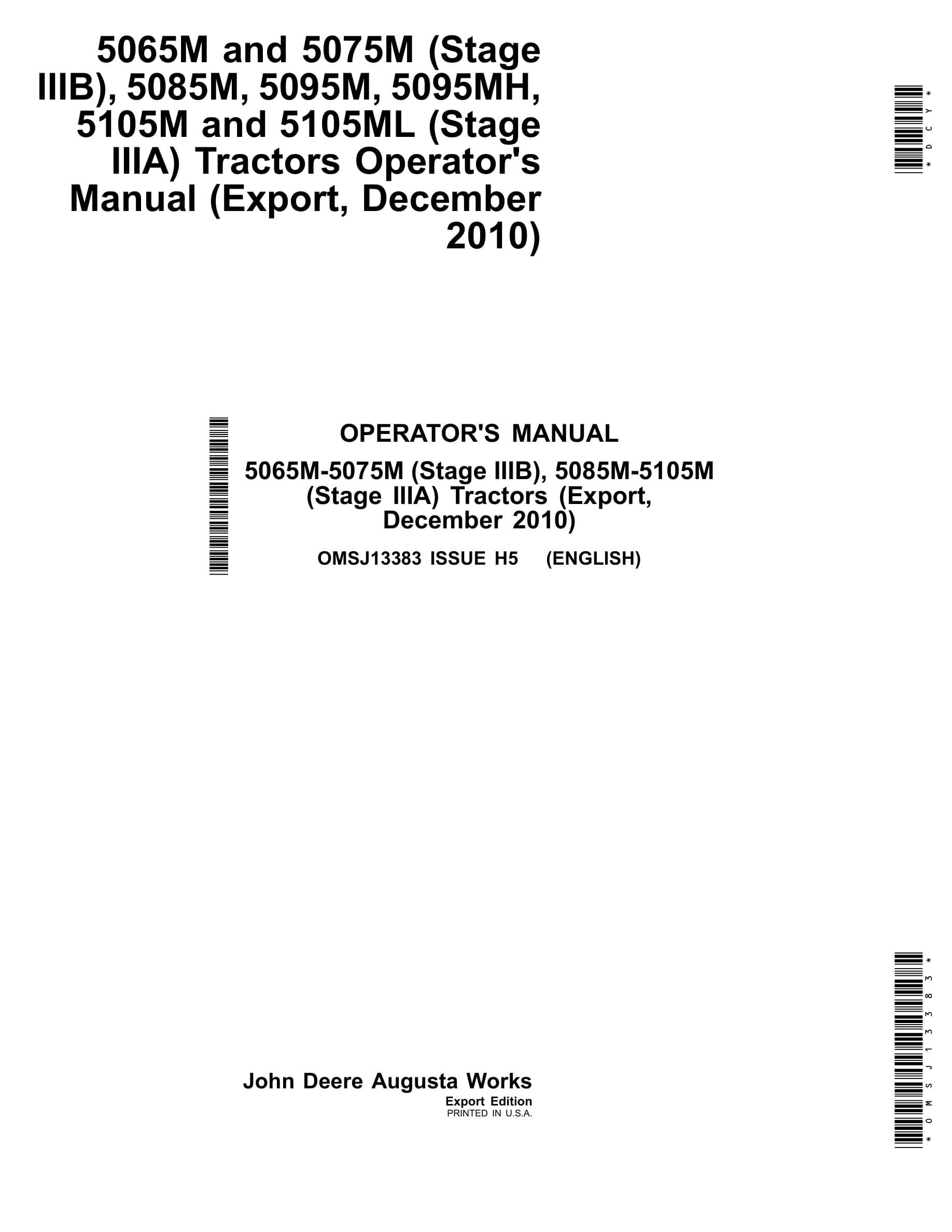 John Deere 5065m-5075m (stage Iiib), 5085m-5105m (stage Iiia) Tractors Operator Manuals OMSJ13383-1