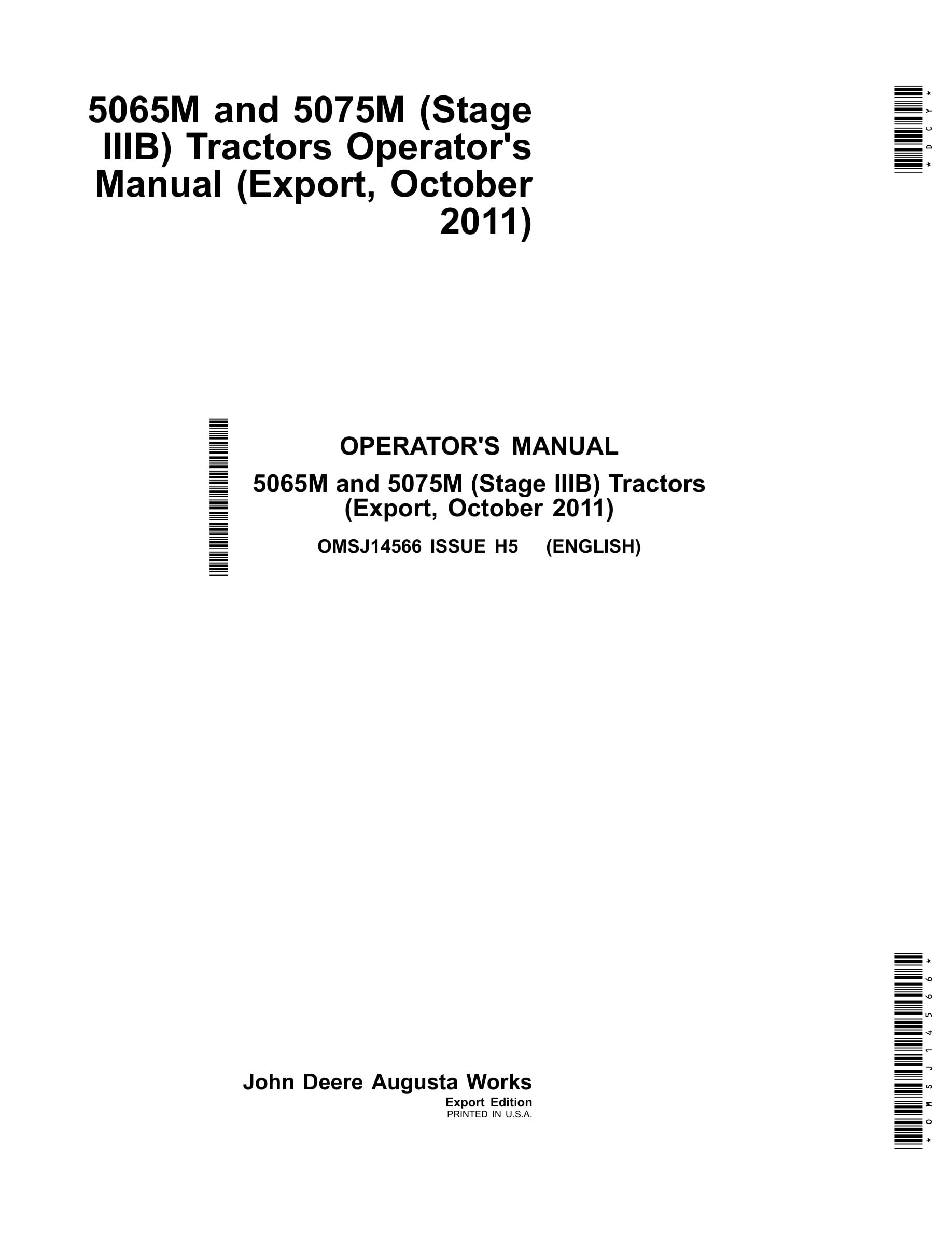John Deere 5065m And 5075m (stage Iiib) Tractors Operator Manuals OMSJ14566-1