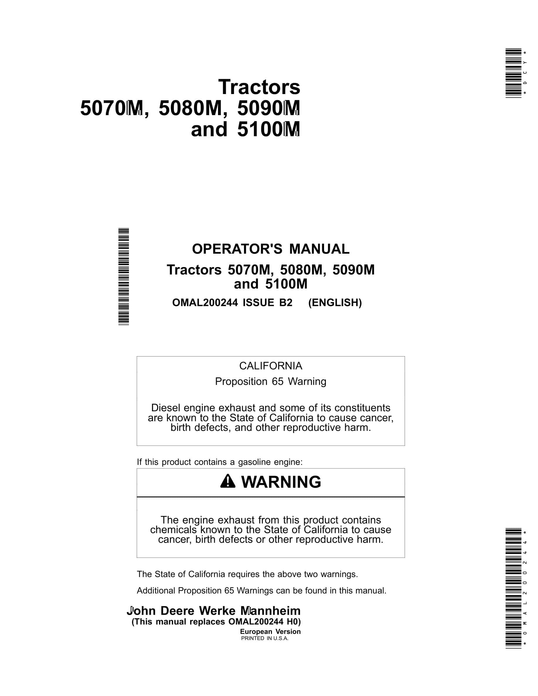 John Deere 5070m, 5080m, 5090m 5100m Tractors Operator Manuals OMAL200244-1