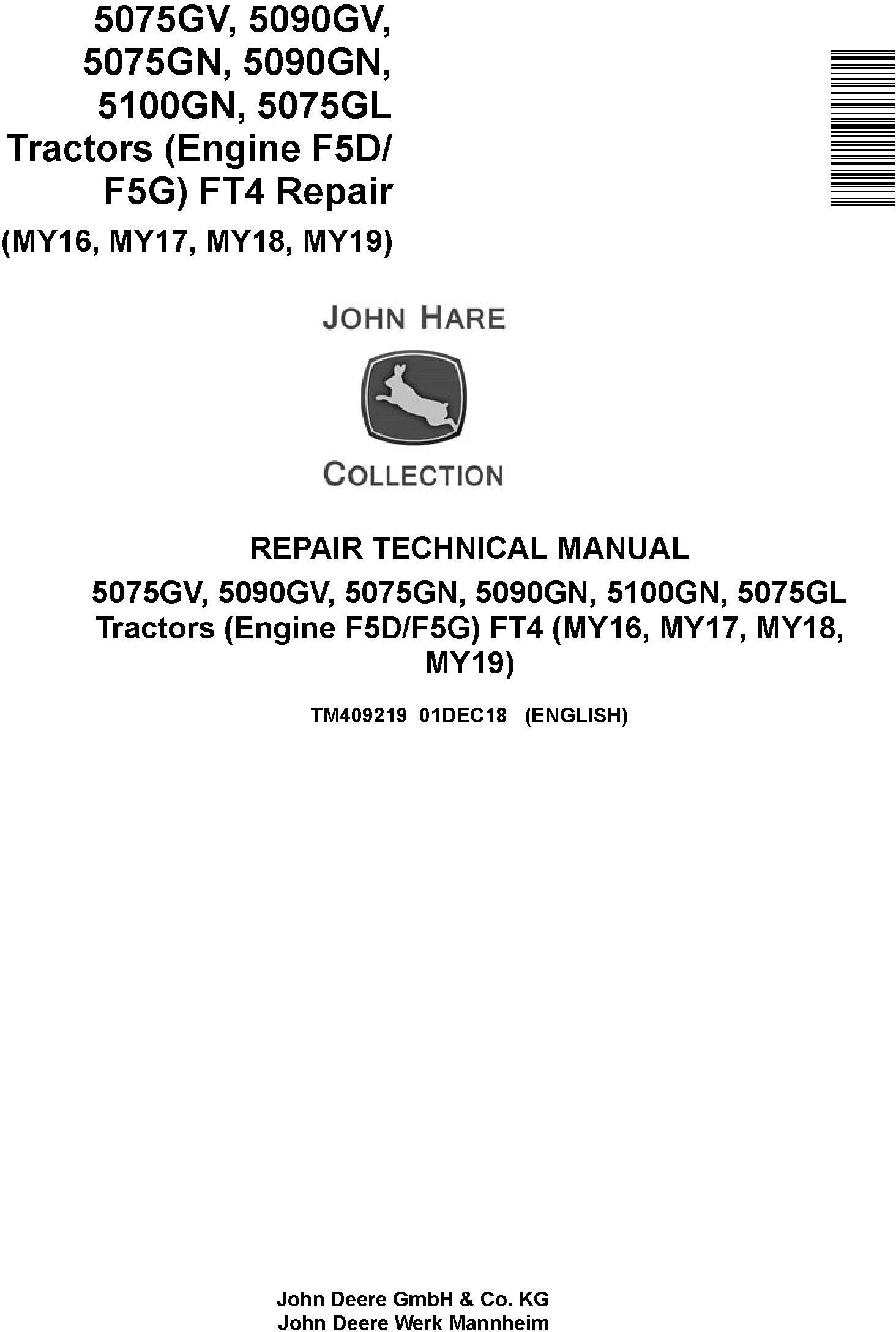 John Deere 5075G to 5100G Tractor Repair Manual TM409219