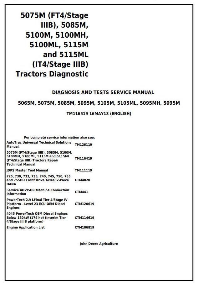 John Deere 5075M 5085M 5100M 5100MH 5100ML 5115M 5115ML Tractor Diagnosis Test Service Manual TM116519