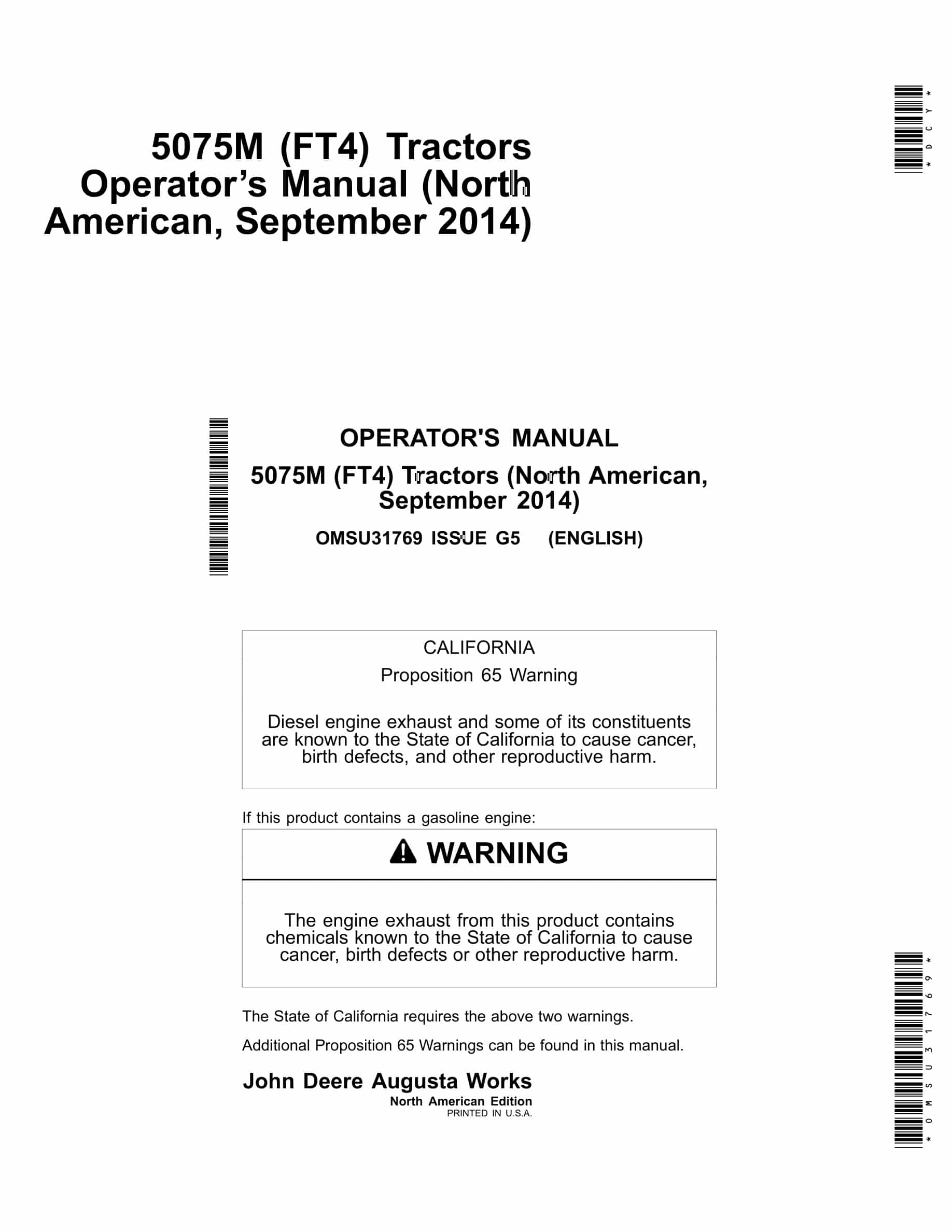John Deere 5075M (FT4) Tractor Operator Manual OMSU31769-1