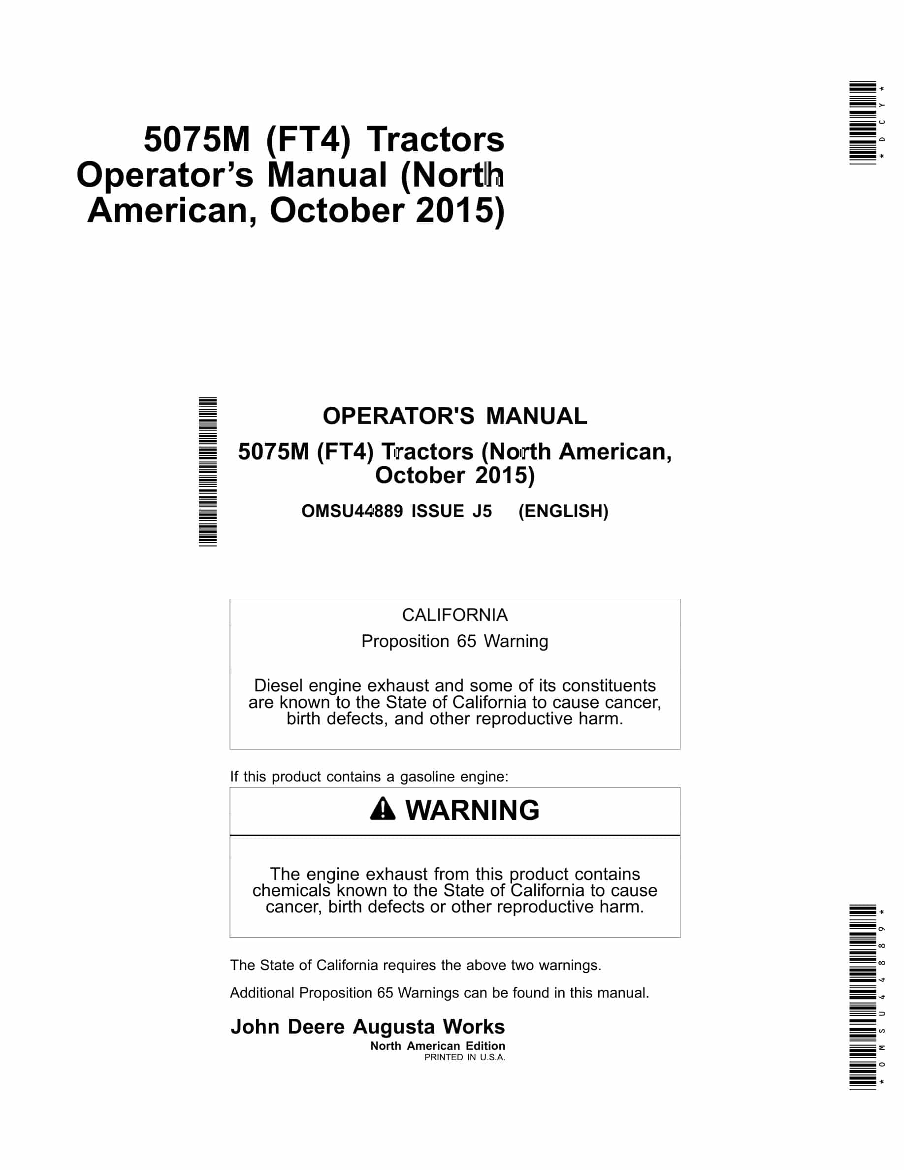 John Deere 5075M (FT4) Tractor Operator Manual OMSU44889-1