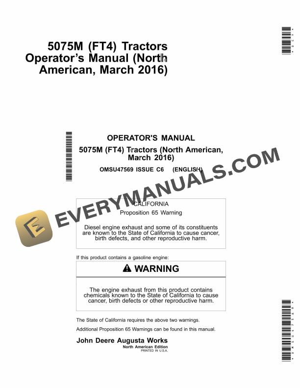 John Deere 5075M (FT4) Tractor Operator Manual OMSU47569