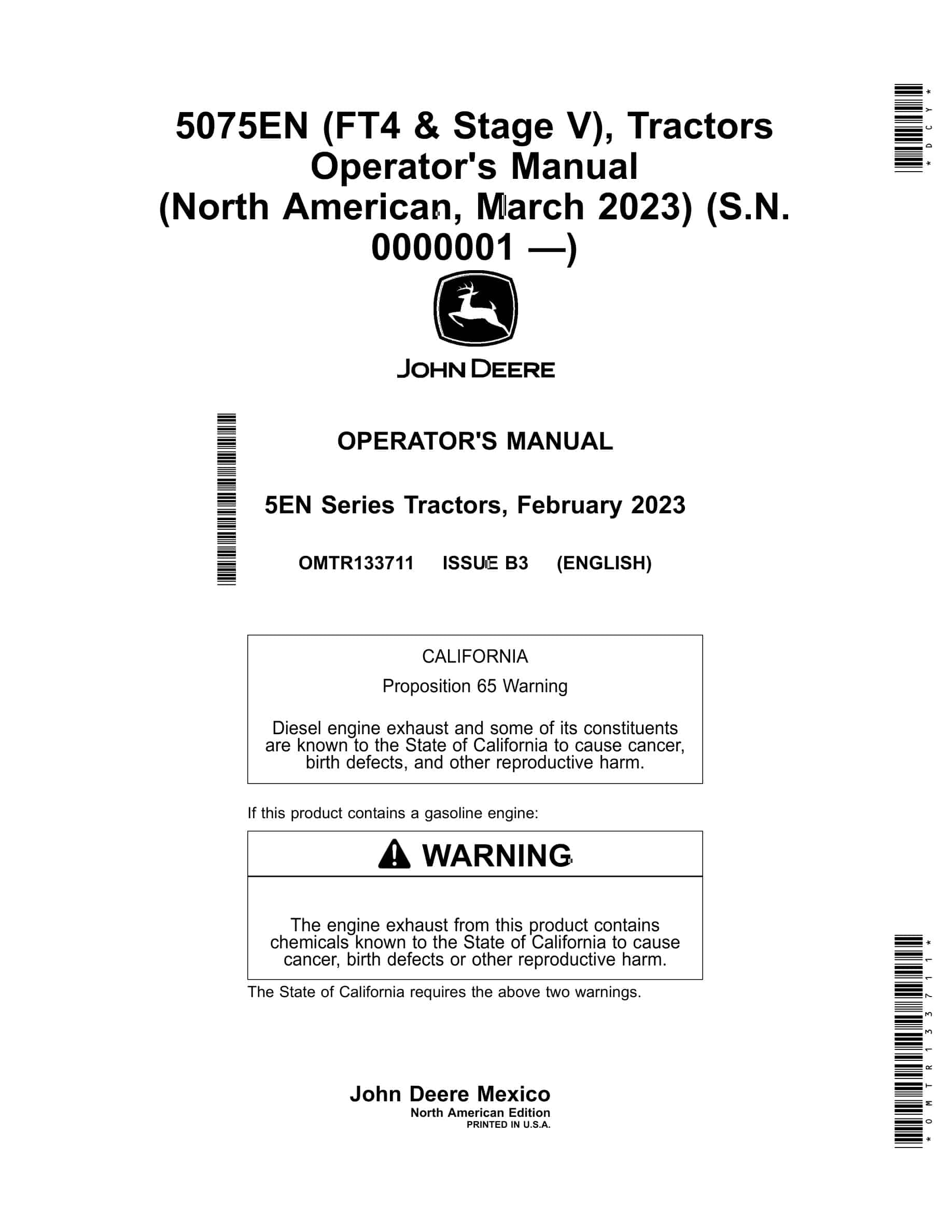 John Deere 5075en (ft4 & Stage V) Tractors Operator Manuals OMTR133711-1