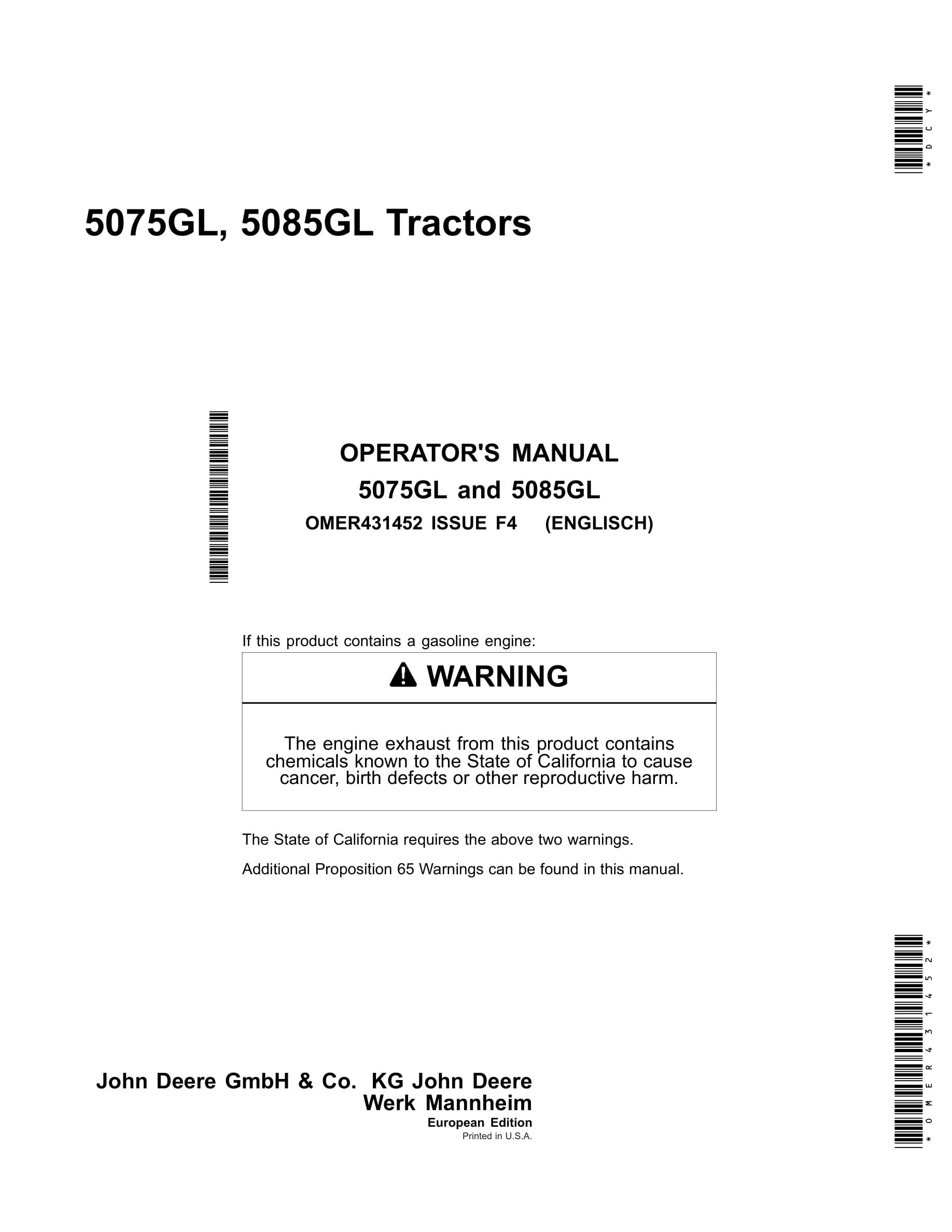 John Deere 5075gl, 5085gl Tractors Operator Manuals OMER431452-1