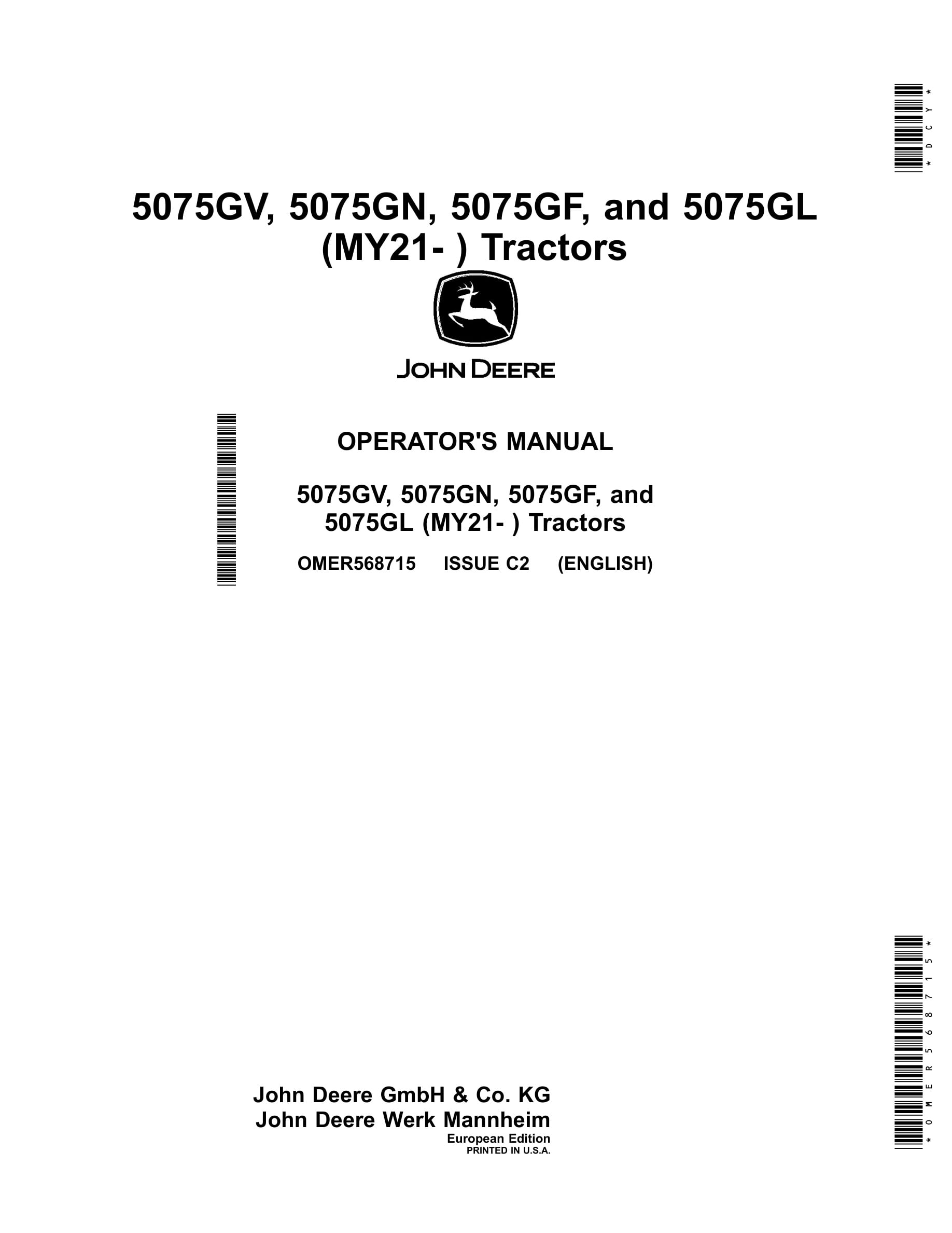 John Deere 5075gv, 5075gn, 5075gf, And 5075gl (my21- ) Tractors Operator Manuals OMER568715-1