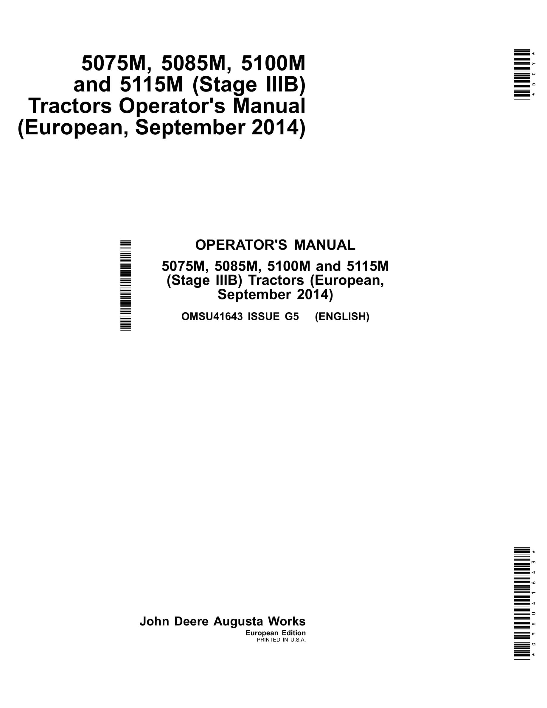 John Deere 5075m, 5085m, 5100m And 5115m (stage Iiib) Tractors Operator Manuals OMSU41643-1