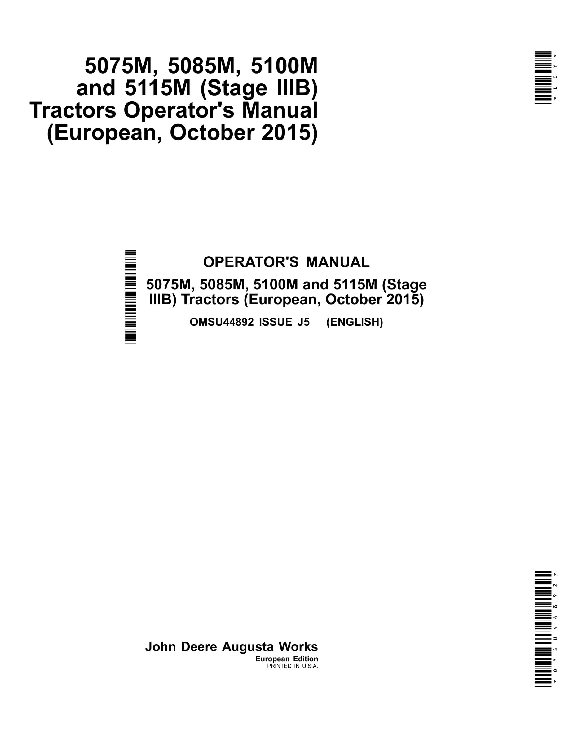 John Deere 5075m, 5085m, 5100m And 5115m (stage Iiib) Tractors Operator Manuals OMSU44892-1