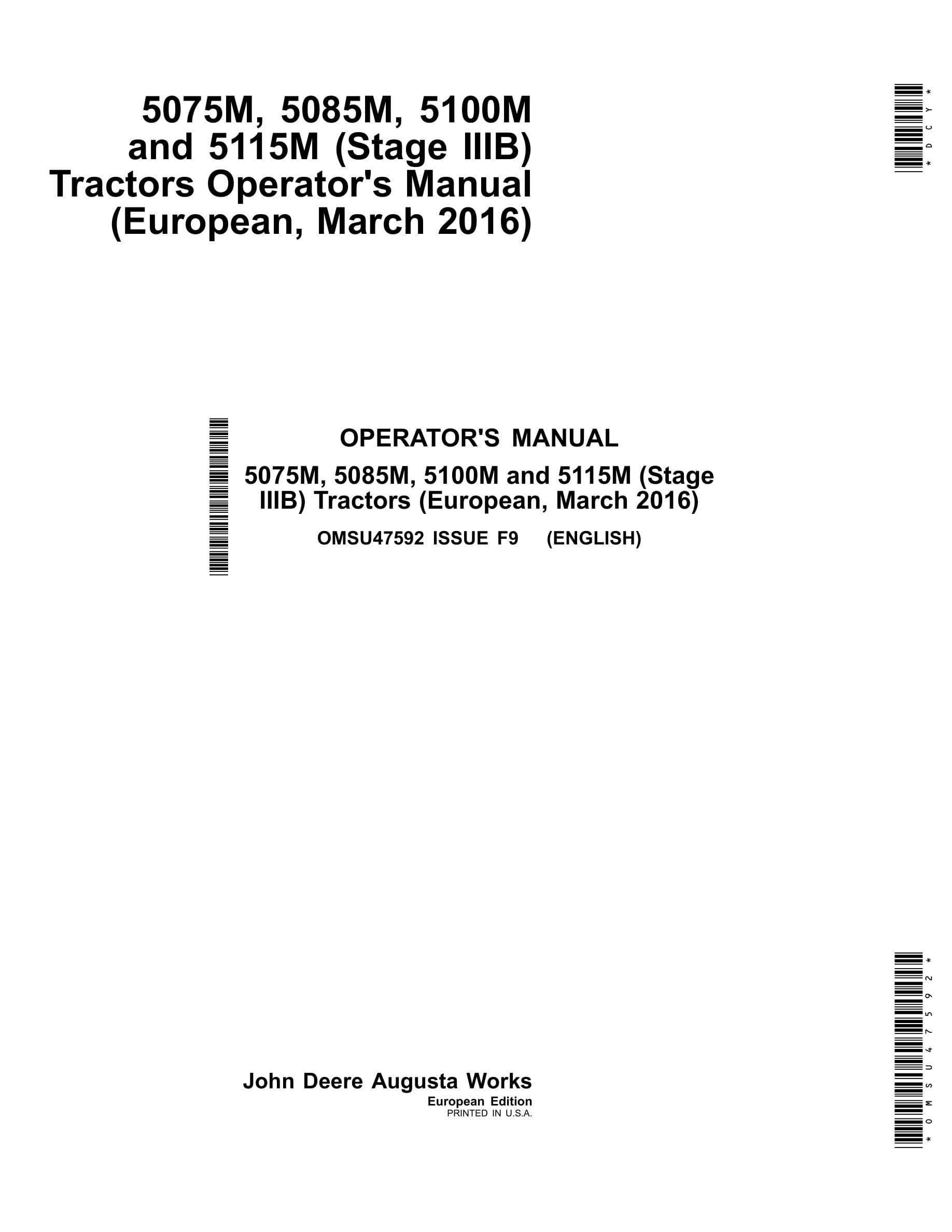 John Deere 5075m, 5085m, 5100m And 5115m (stage Iiib) Tractors Operator Manuals OMSU47592-1