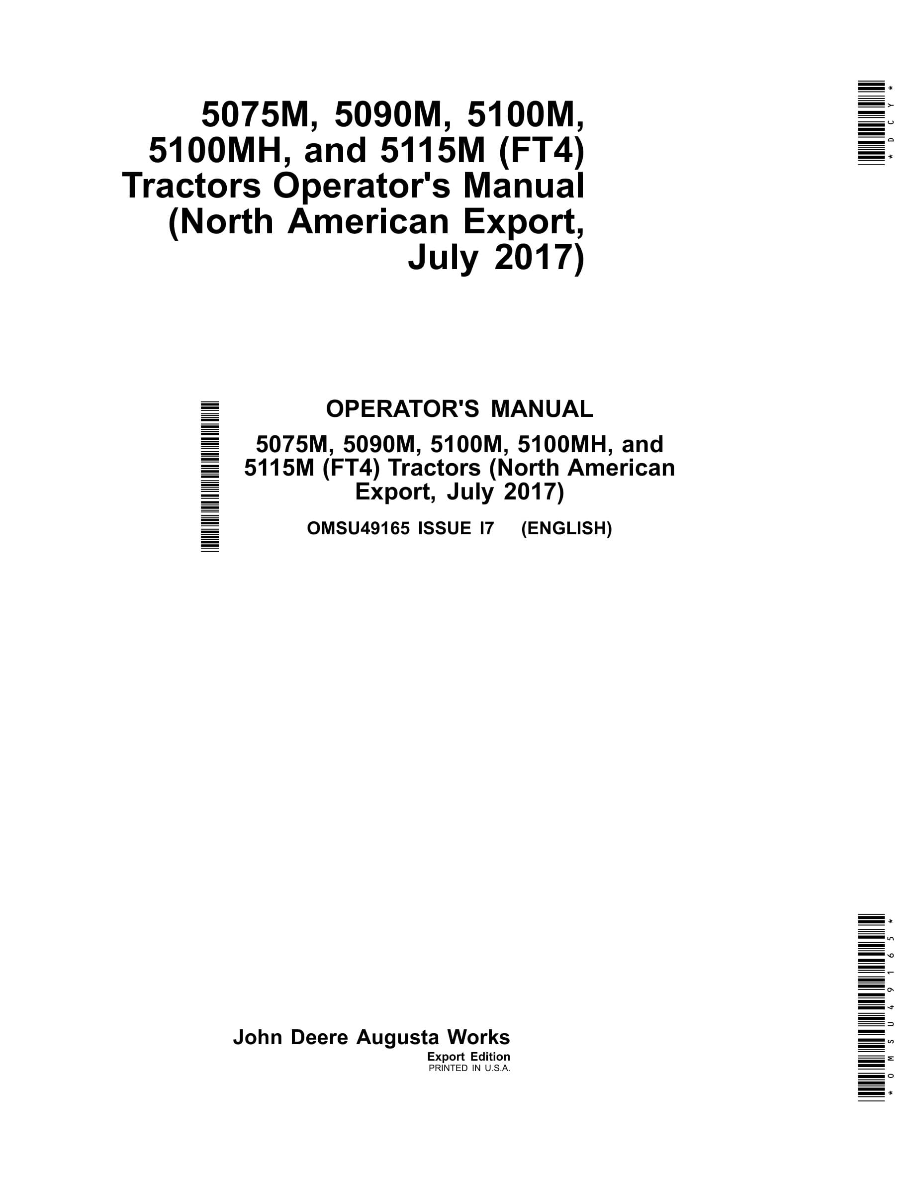 John Deere 5075m, 5090m, 5100m, 5100mh, And 5115m (ft4) Tractors Operator Manuals OMSU49165-1