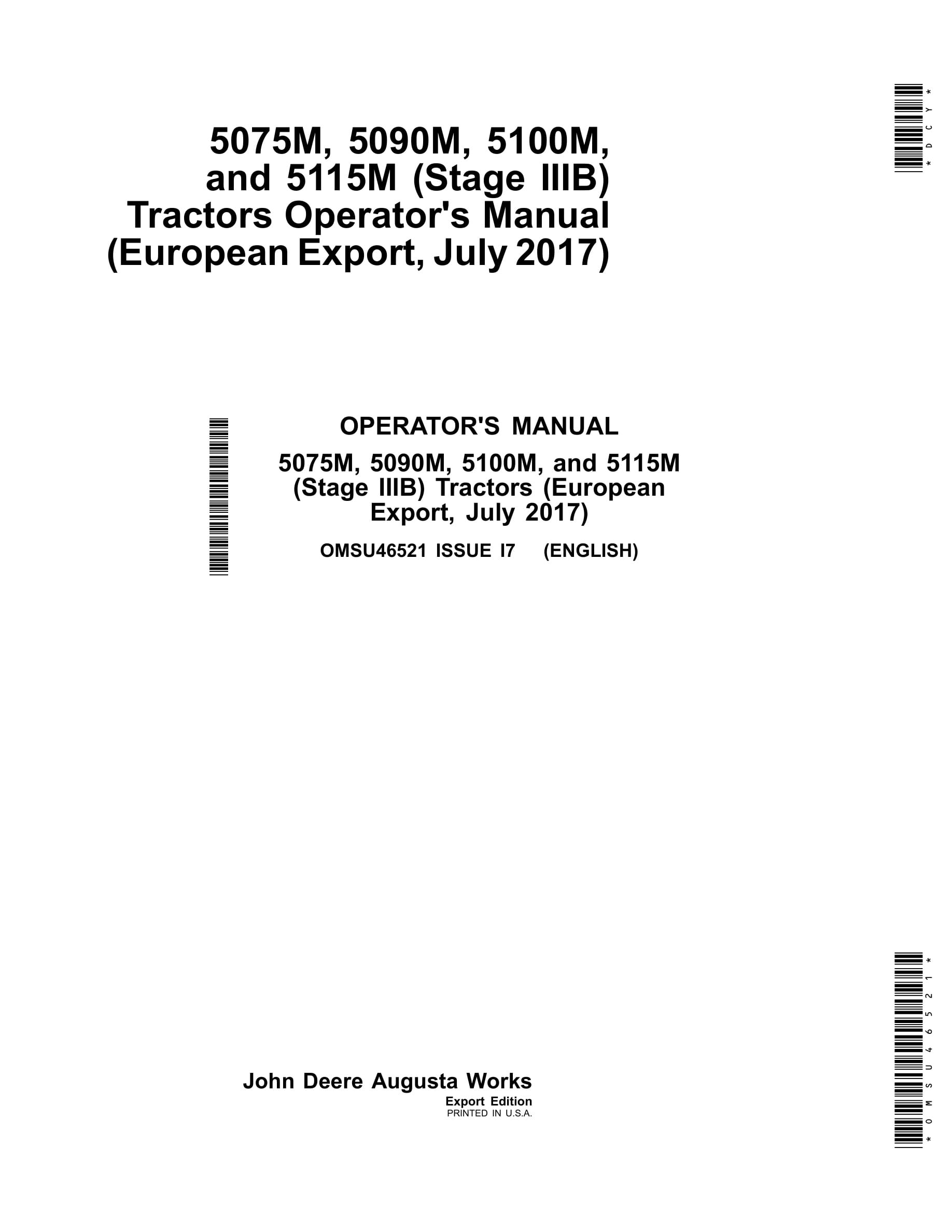 John Deere 5075m, 5090m, 5100m, And 5115m (stage Iiib) Tractors Operator Manuals OMSU46521-1