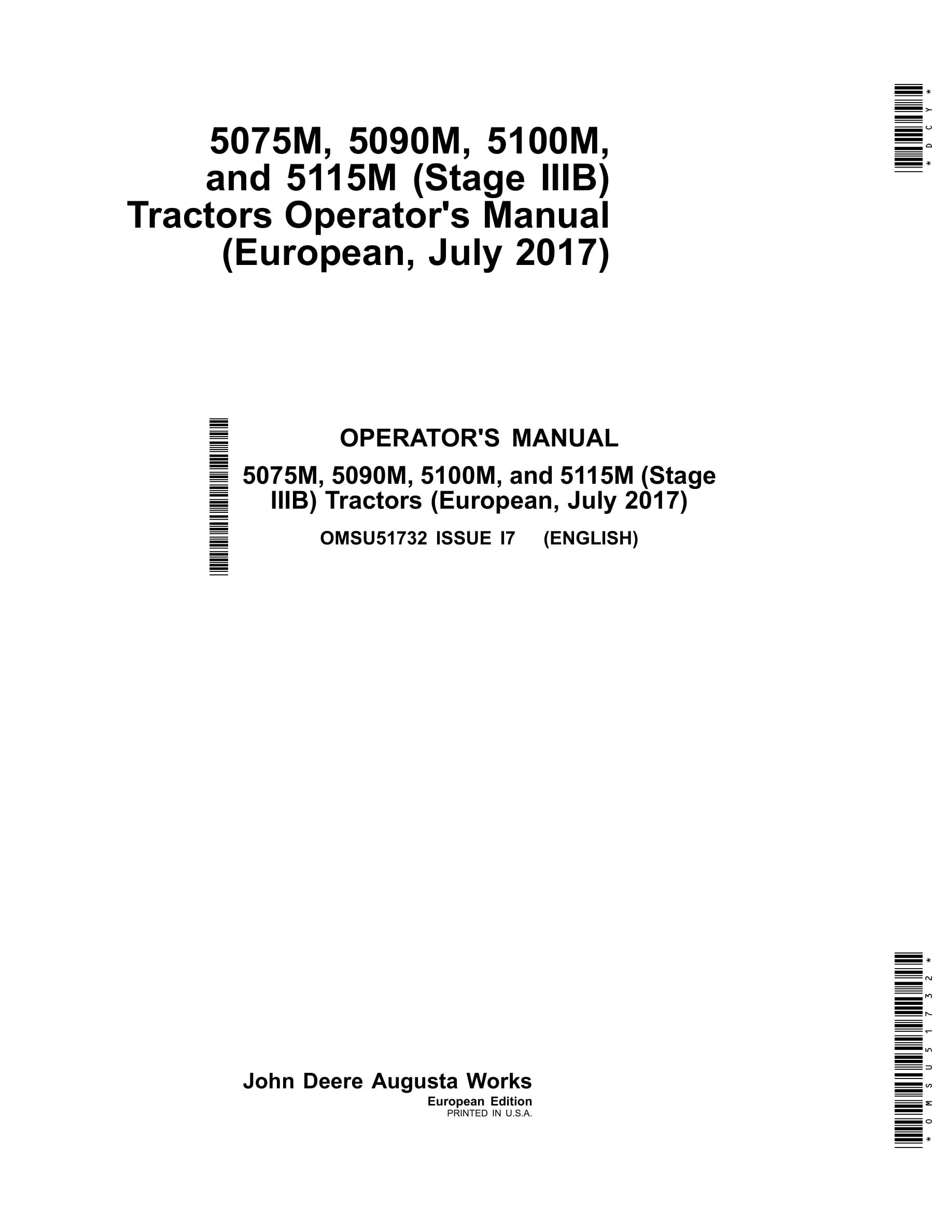 John Deere 5075m, 5090m, 5100m, And 5115m (stage Iiib) Tractors Operator Manuals OMSU51732-1