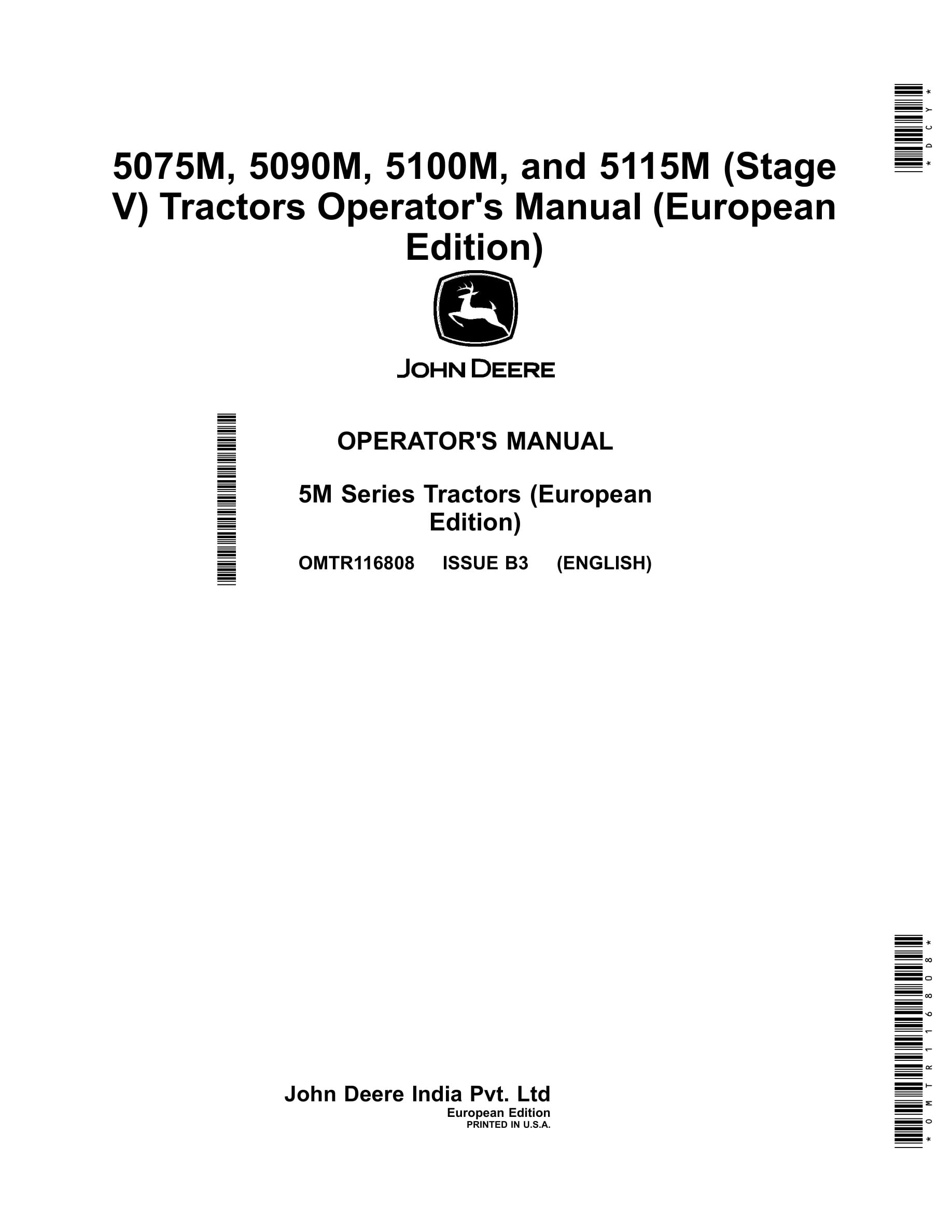 John Deere 5075m, 5090m, 5100m, And 5115m (stage V) Tractors Operator Manuals OMTR116808-1