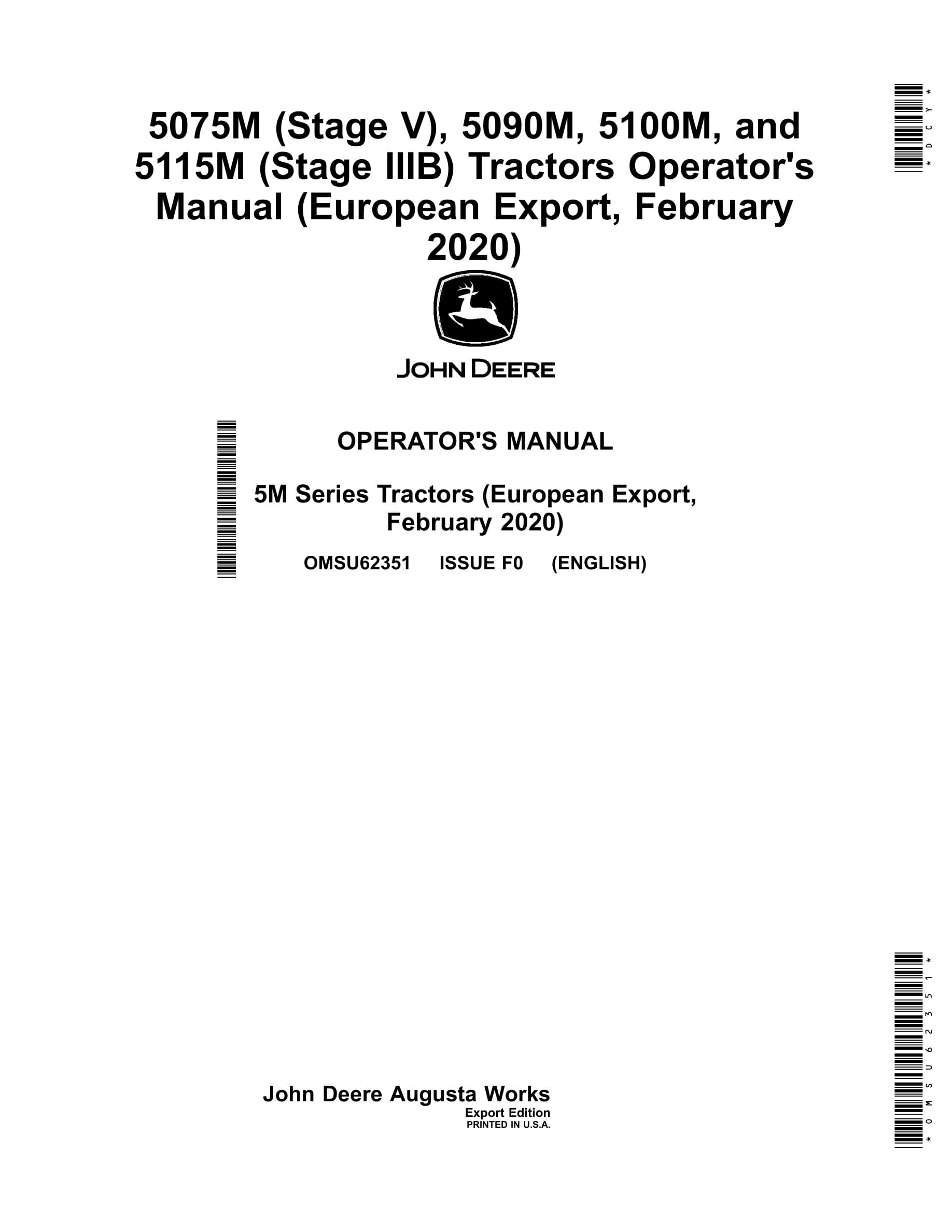 John Deere 5075m (stage V), 5090m, 5100m, And 5115m (stage Iiib) Tractors Operator Manuals OMSU62351-1