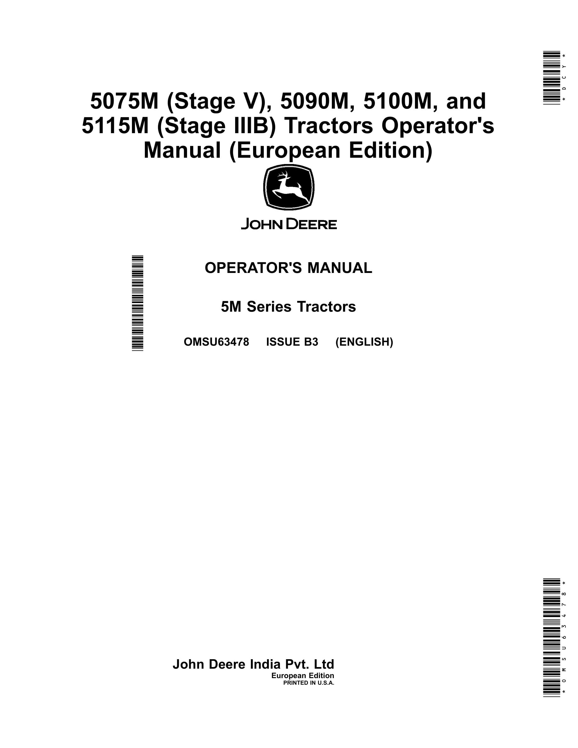 John Deere 5075m (stage V), 5090m, 5100m, And 5115m (stage Iiib) Tractors Operator Manuals OMSU63478-1