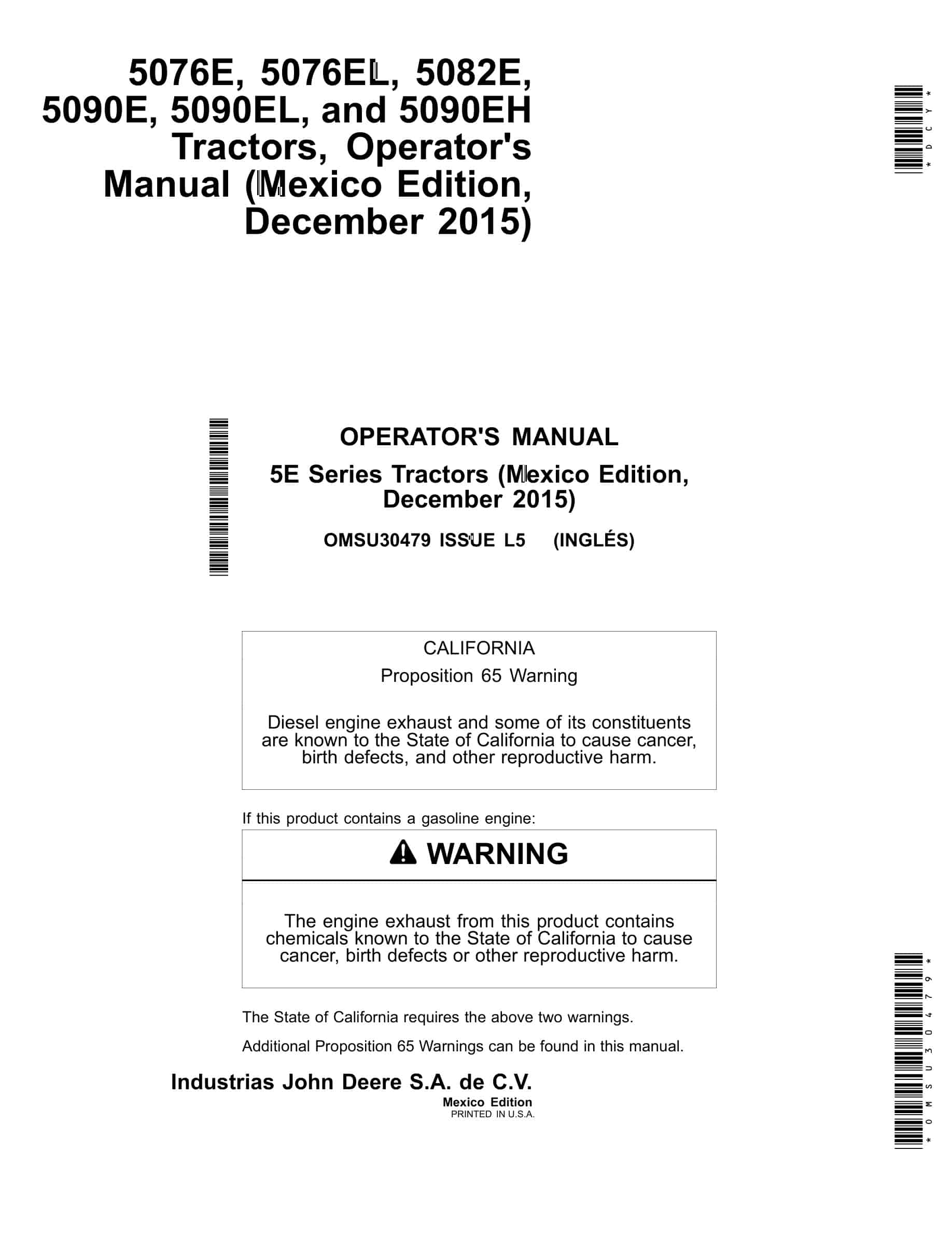 John Deere 5076e, 5076el, 5082e, 5090e, 5090el, And 5090eh Tractors Operator Manuals OMSU30479-1