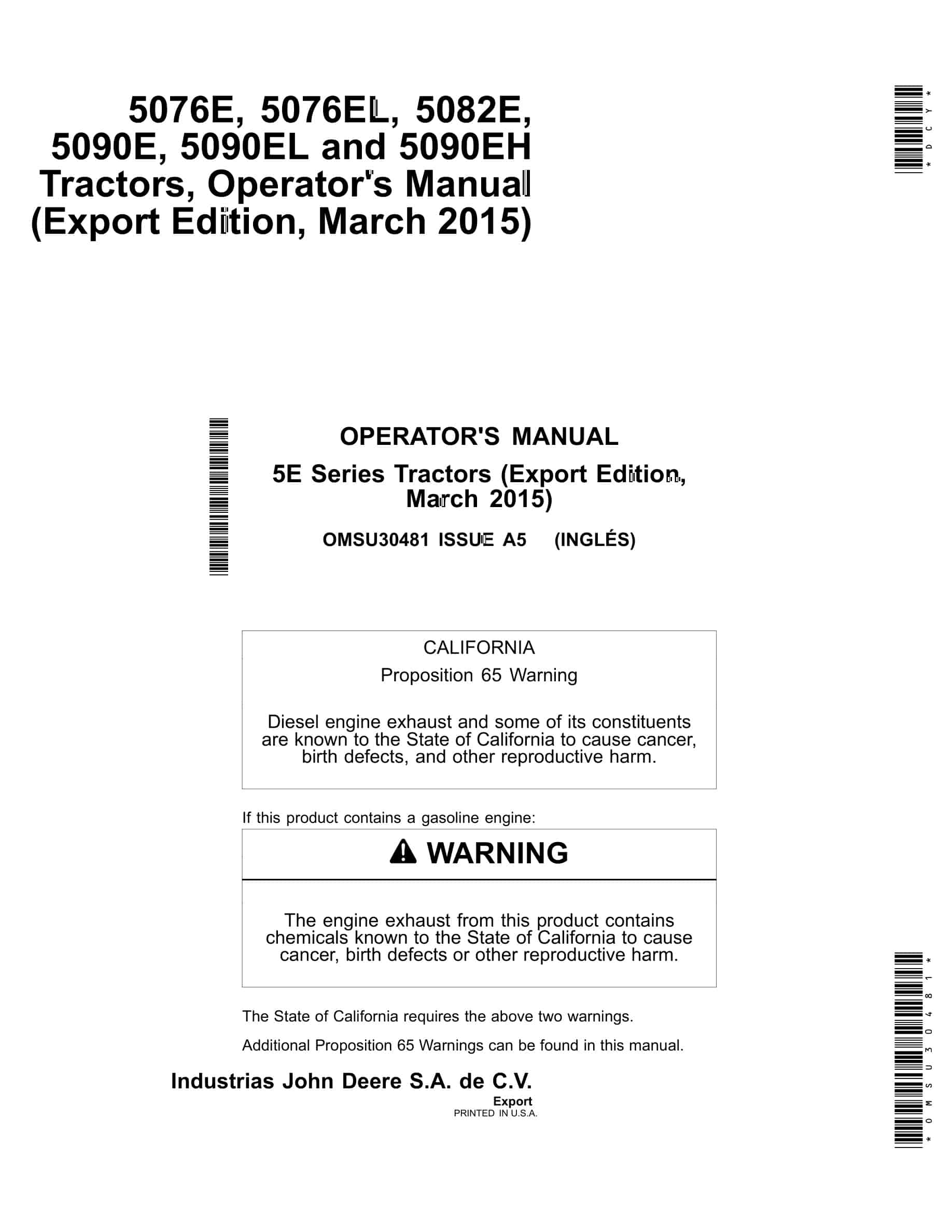 John Deere 5076e, 5076el, 5082e, 5090e, 5090el And 5090eh Tractors Operator Manuals OMSU30481-1