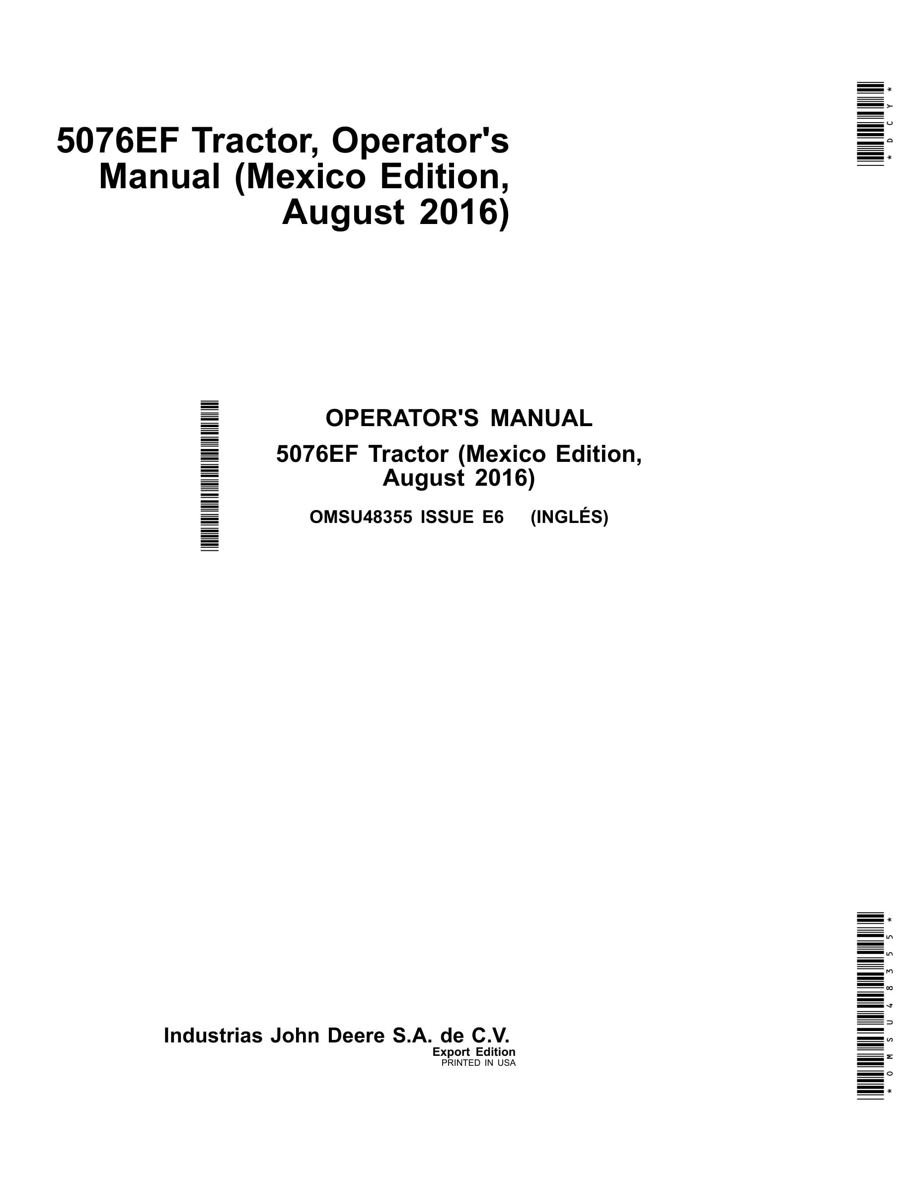 John Deere 5076ef Tractors Operator Manual OMSU48355-1