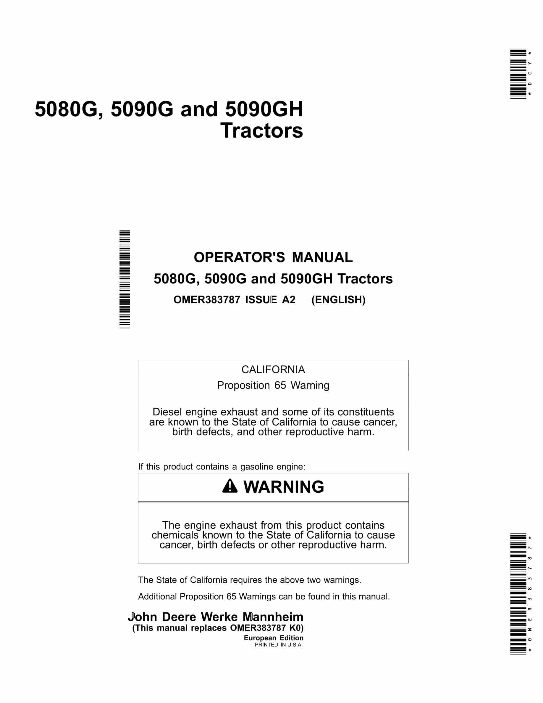 John Deere 5080g, 5090g And 5090gh Tractors Operator Manuals OMER383787-1