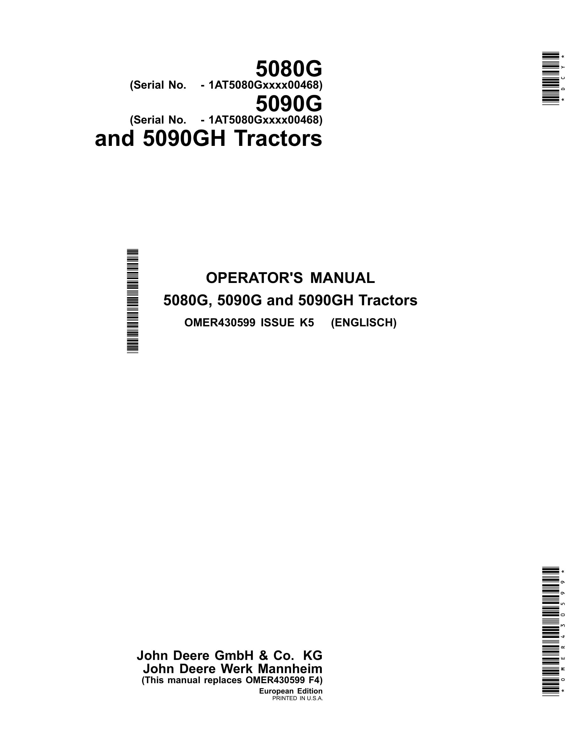 John Deere 5080g, 5090g And 5090gh Tractors Operator Manuals OMER430599-1