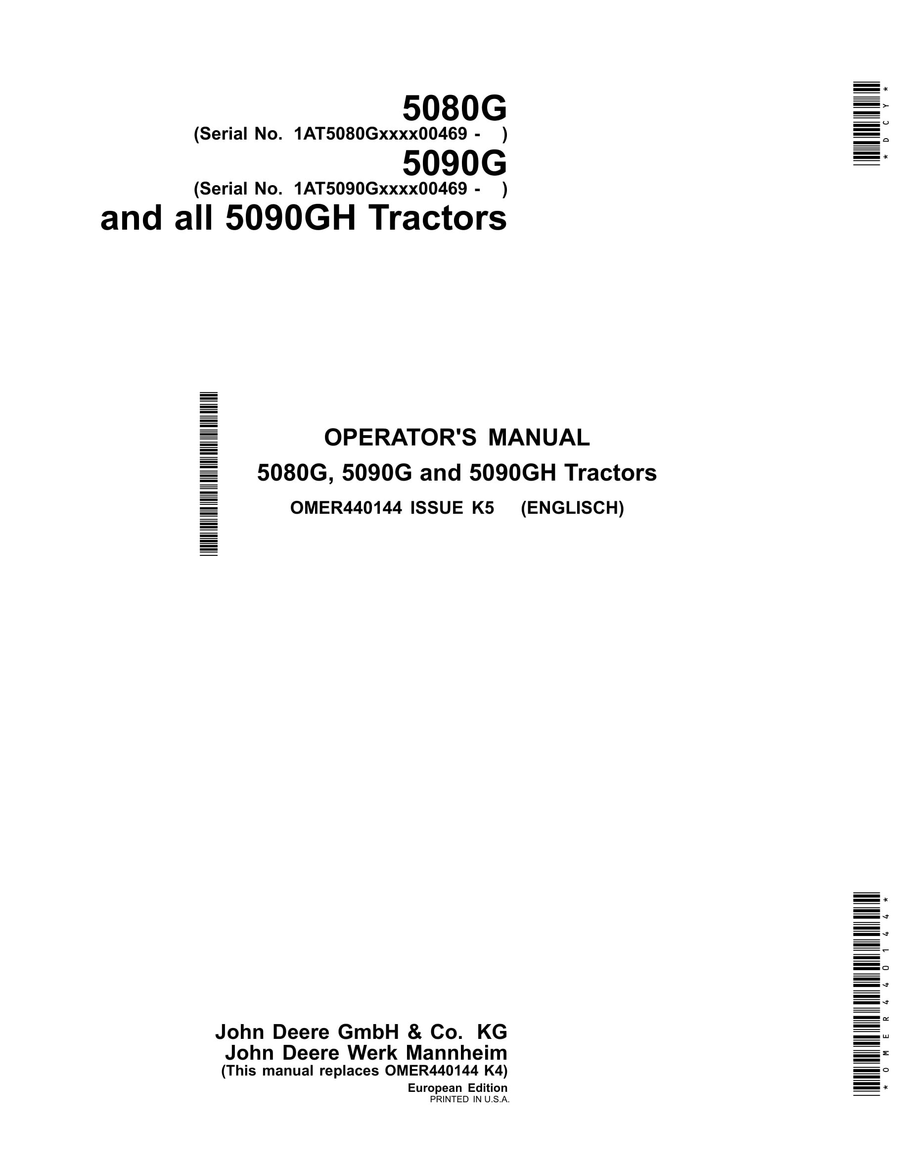 John Deere 5080g, 5090g And 5090gh Tractors Operator Manuals OMER440144-1