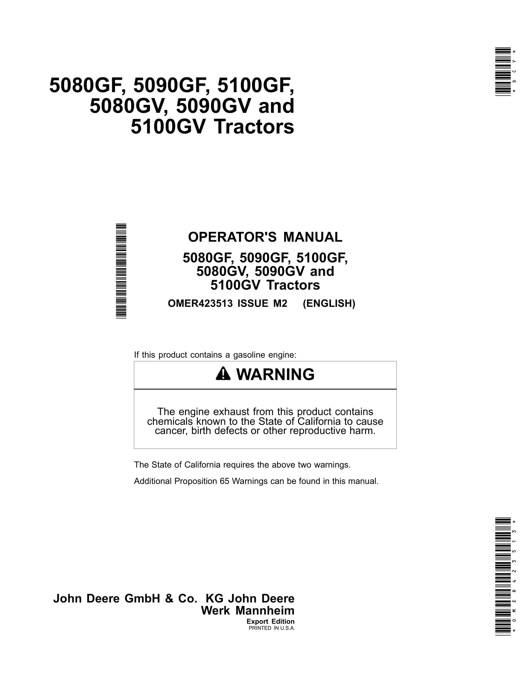 John Deere 5080gf, 5090gf, 5100gf, 5080gv, 5090gv And 5100gv Tractors Operator Manuals OMER423513-1