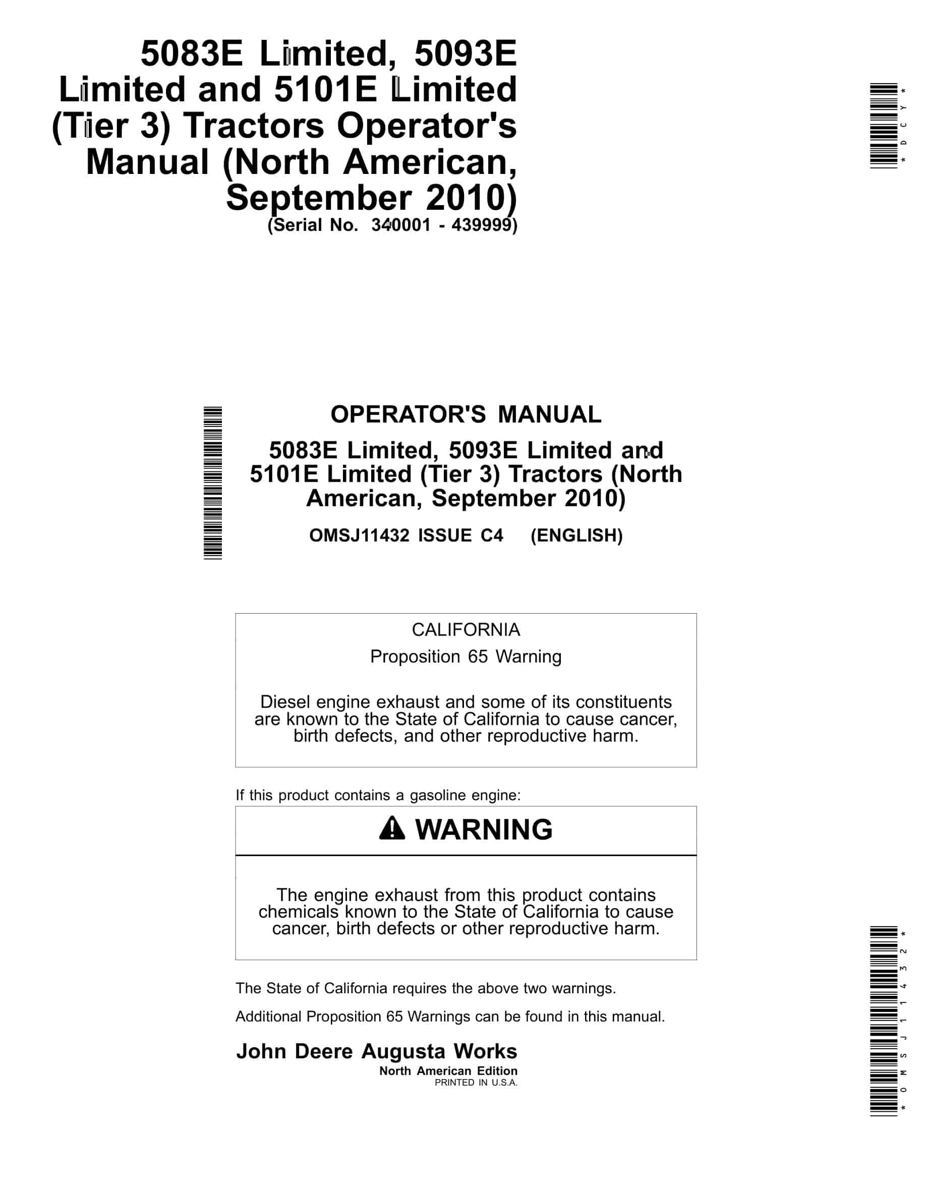 John Deere 5083E Limited, 5093E Limited and 5101E Limited (Tier 3) Tractor Operator Manual OMSJ11432-1
