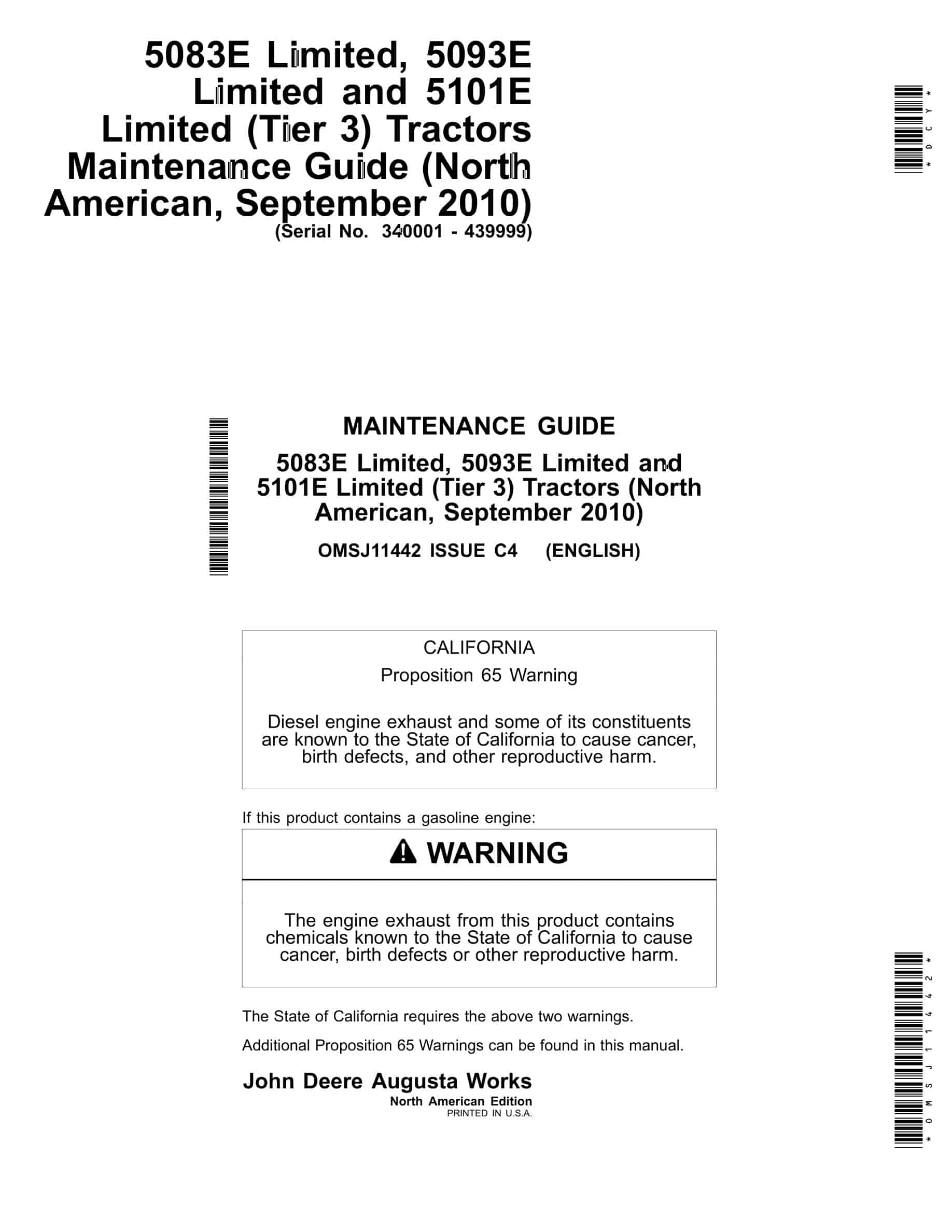 John Deere 5083E Limited, 5093E Limited and 5101E Limited (Tier 3) Tractor Operator Manual OMSJ11442-1