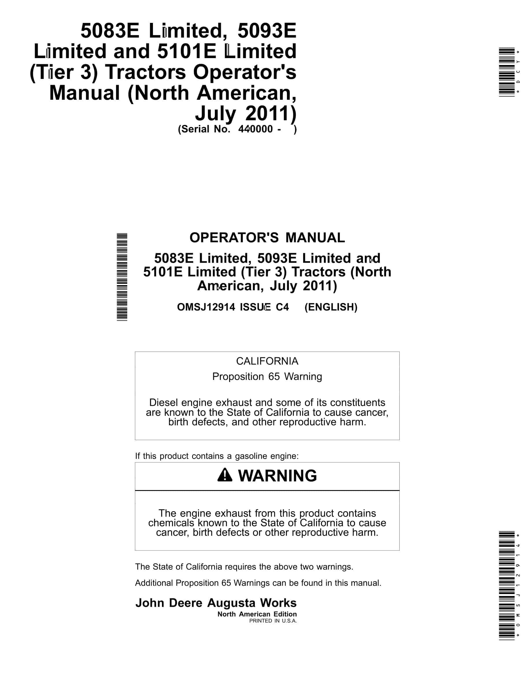 John Deere 5083E Limited, 5093E Limited and 5101E Limited (Tier 3) Tractor Operator Manual OMSJ12914-1