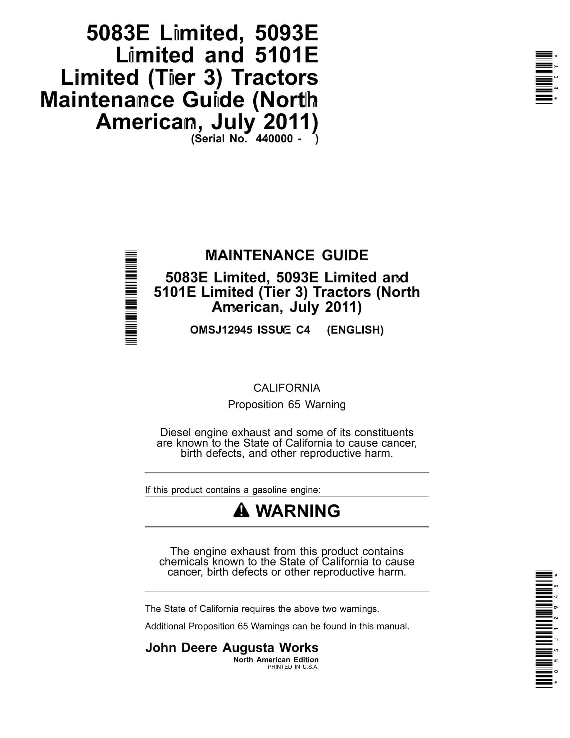 John Deere 5083E Limited, 5093E Limited and 5101E Limited (Tier 3) Tractor Operator Manual OMSJ12945-1