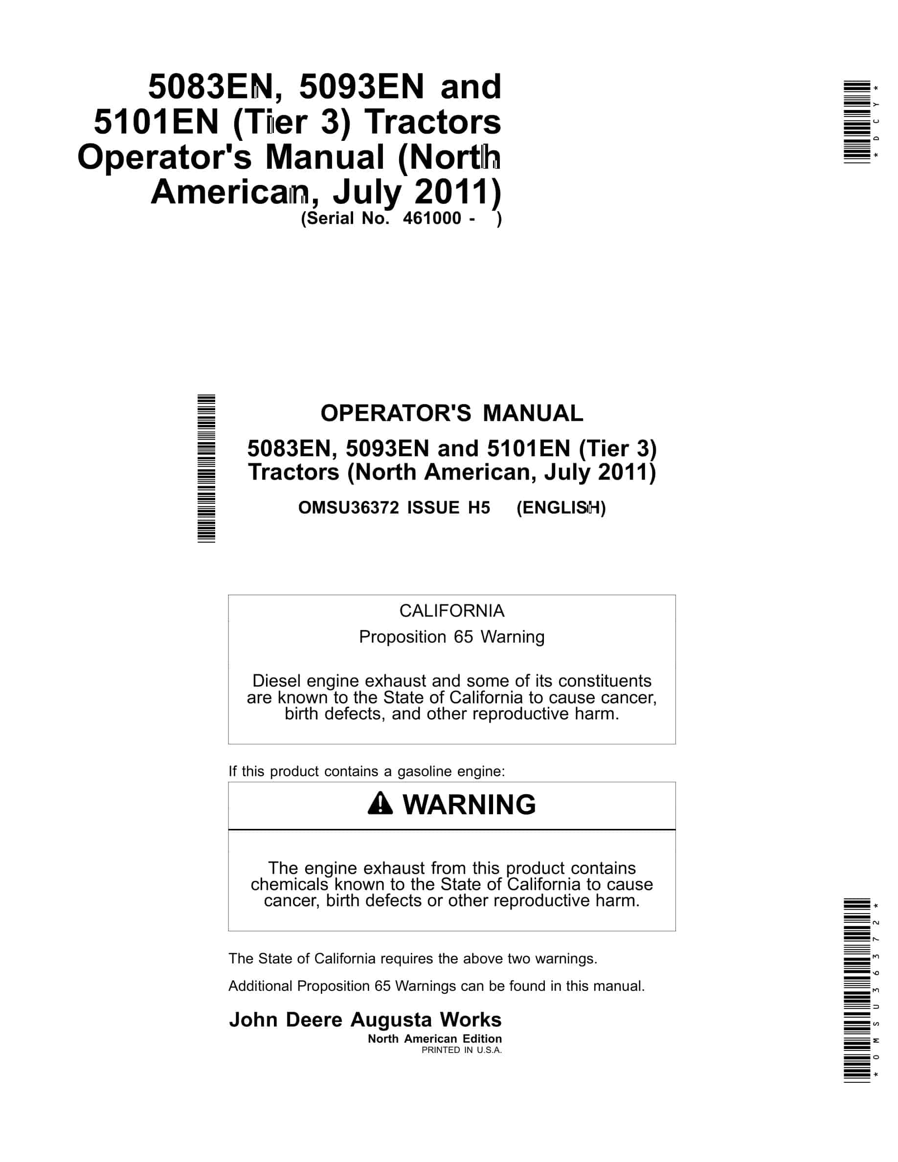 John Deere 5083EN, 5093EN and 5101EN (Tier 3) Tractor Operator Manual OMSU36372-1
