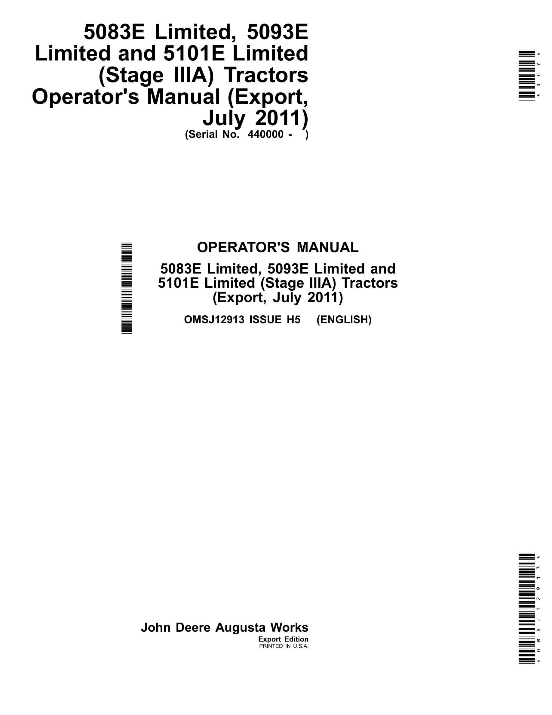John Deere 5083e Limited, 5093e Limited And 5101e Limited (stage Ii) Tractors Operator Manuals OMSJ12913-1