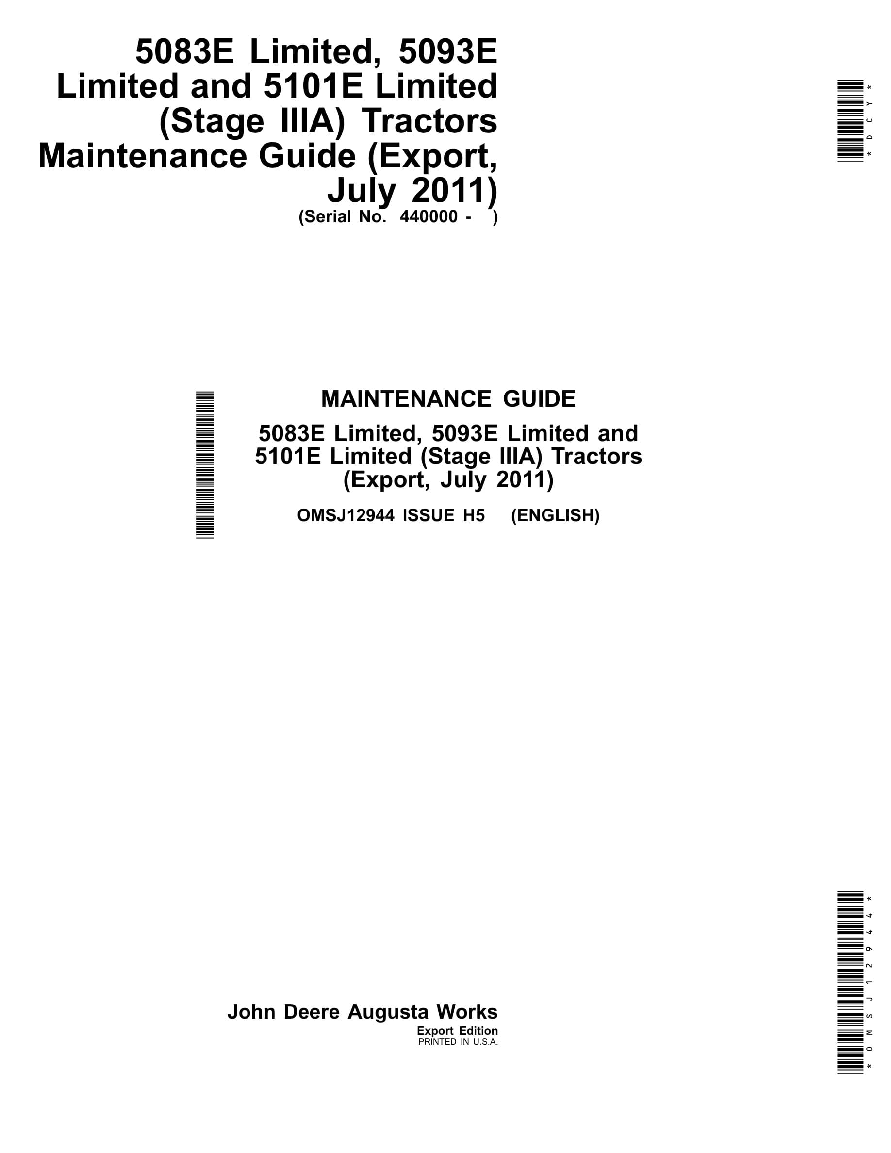 John Deere 5083e Limited, 5093e Limited And 5101e Limited (stage Iiia) Tractors Operator Manuals OMSJ12944-1