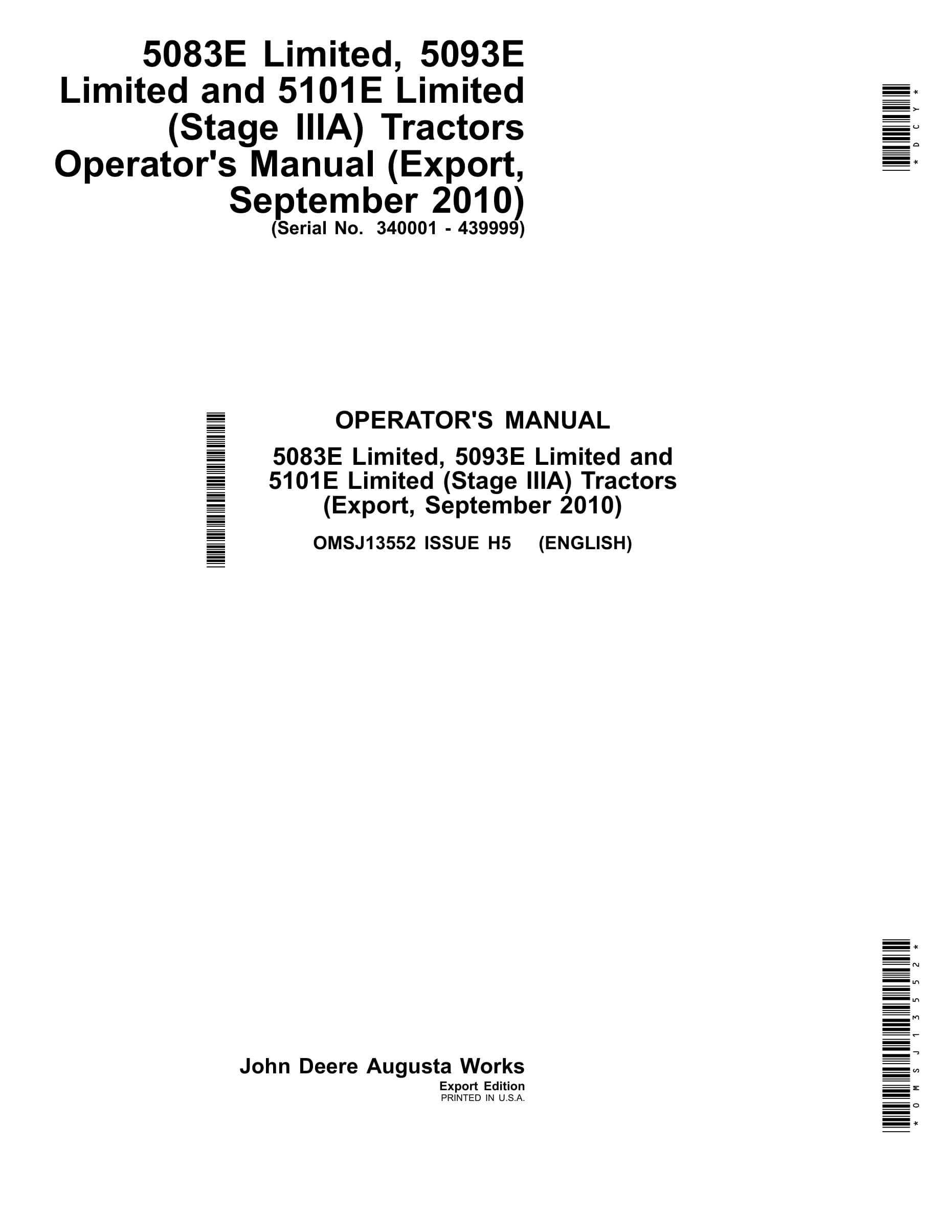 John Deere 5083e Limited, 5093e Limited And 5101e Limited (stage Iiia) Tractors Operator Manuals OMSJ13552-1