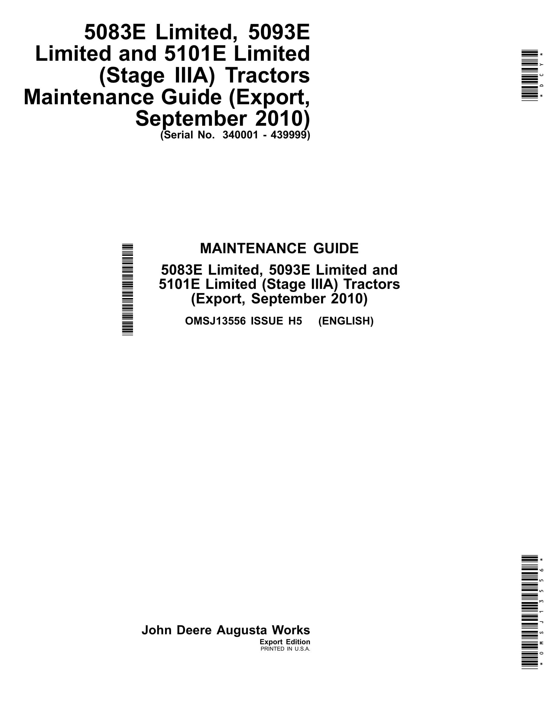John Deere 5083e Limited, 5093e Limited And 5101e Limited (stage Iiia) Tractors Operator Manuals OMSJ13556-1