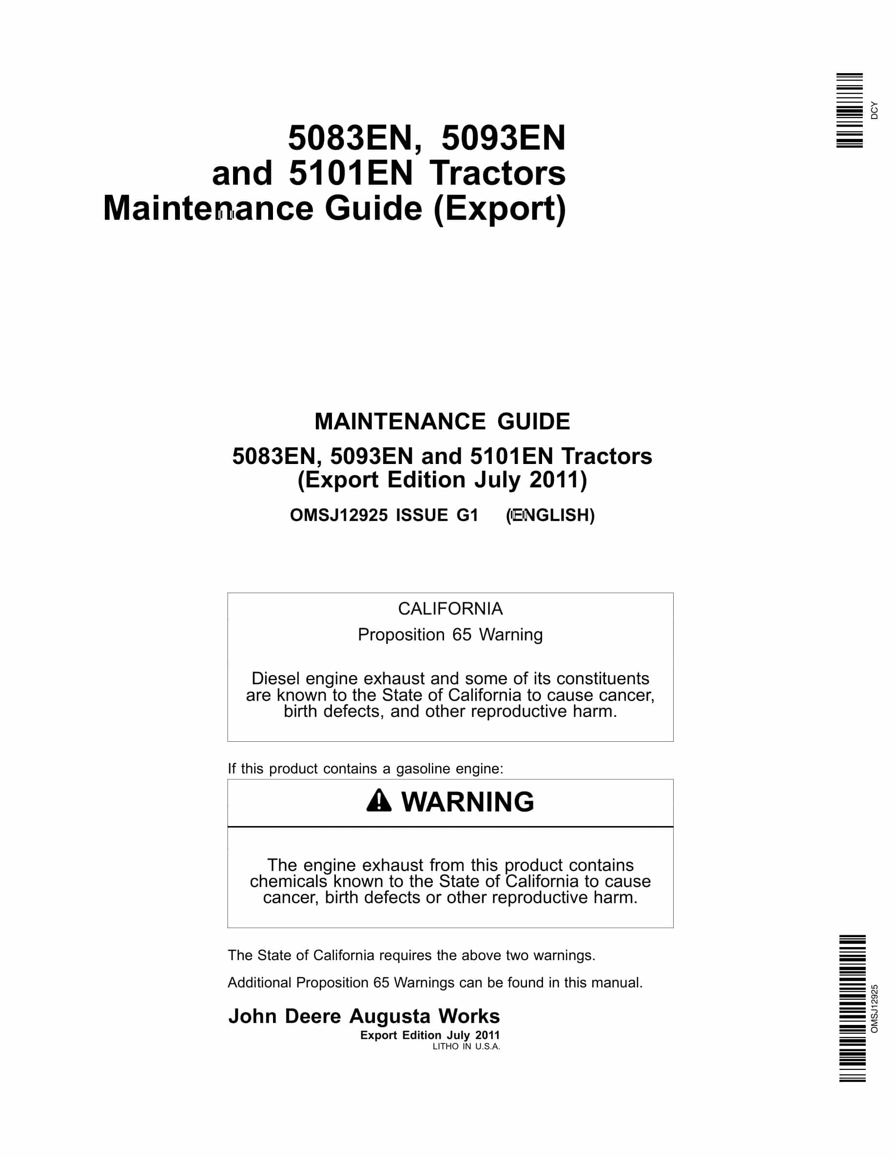 John Deere 5083en, 5093en And 5101en Tractors Operator Manuals OMSJ12925-1