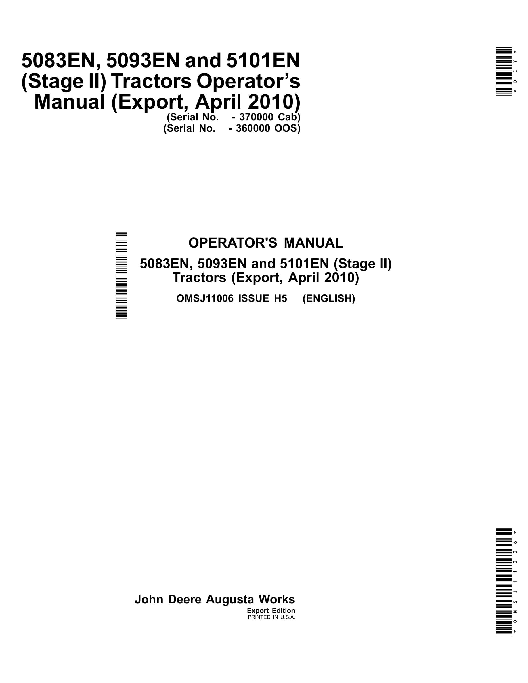 John Deere 5083en, 5093en And 5101en (stage Ii) Tractors Operator Manuals OMSJ11006-1