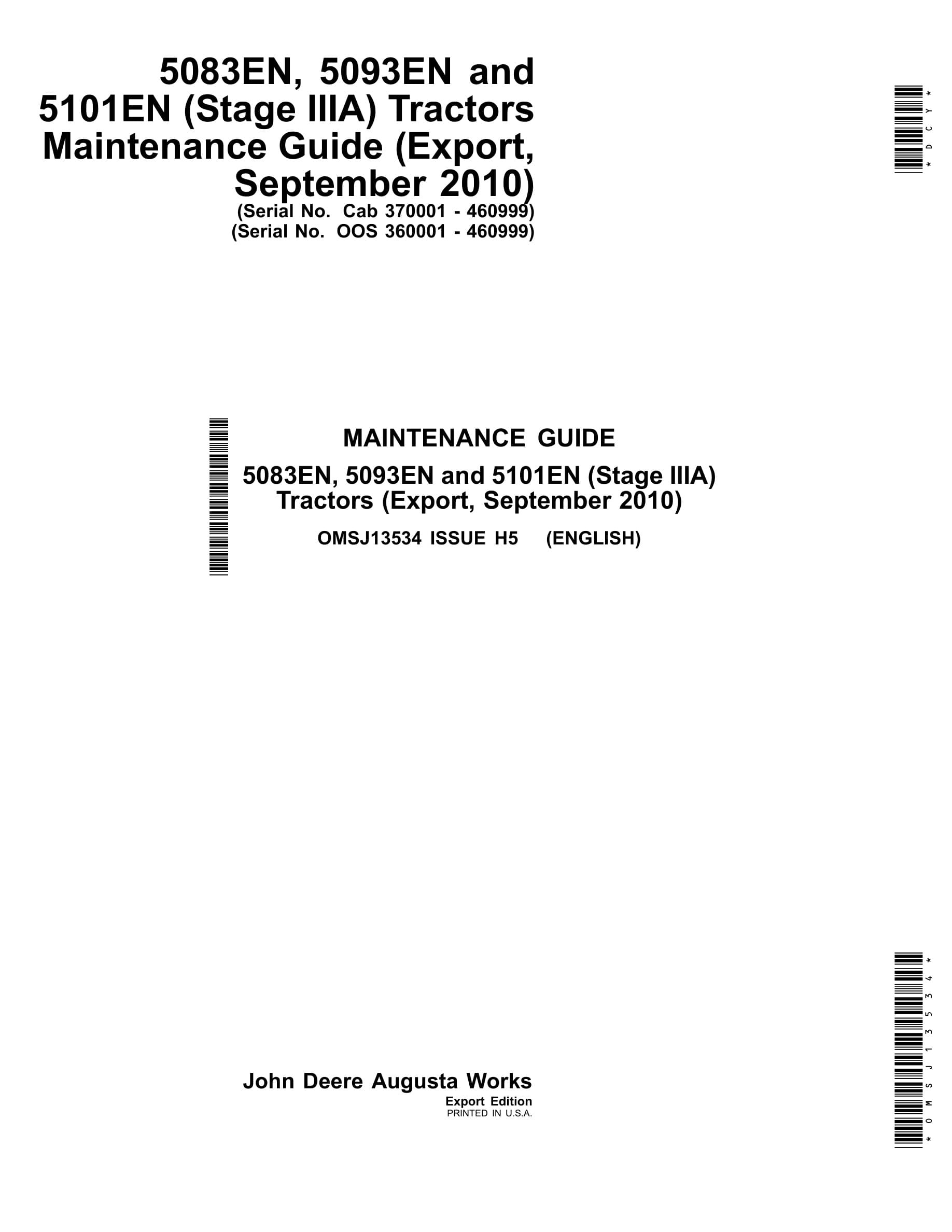 John Deere 5083en, 5093en And 5101en (stage Iiia) Tractors Operator Manuals OMSJ13534-1
