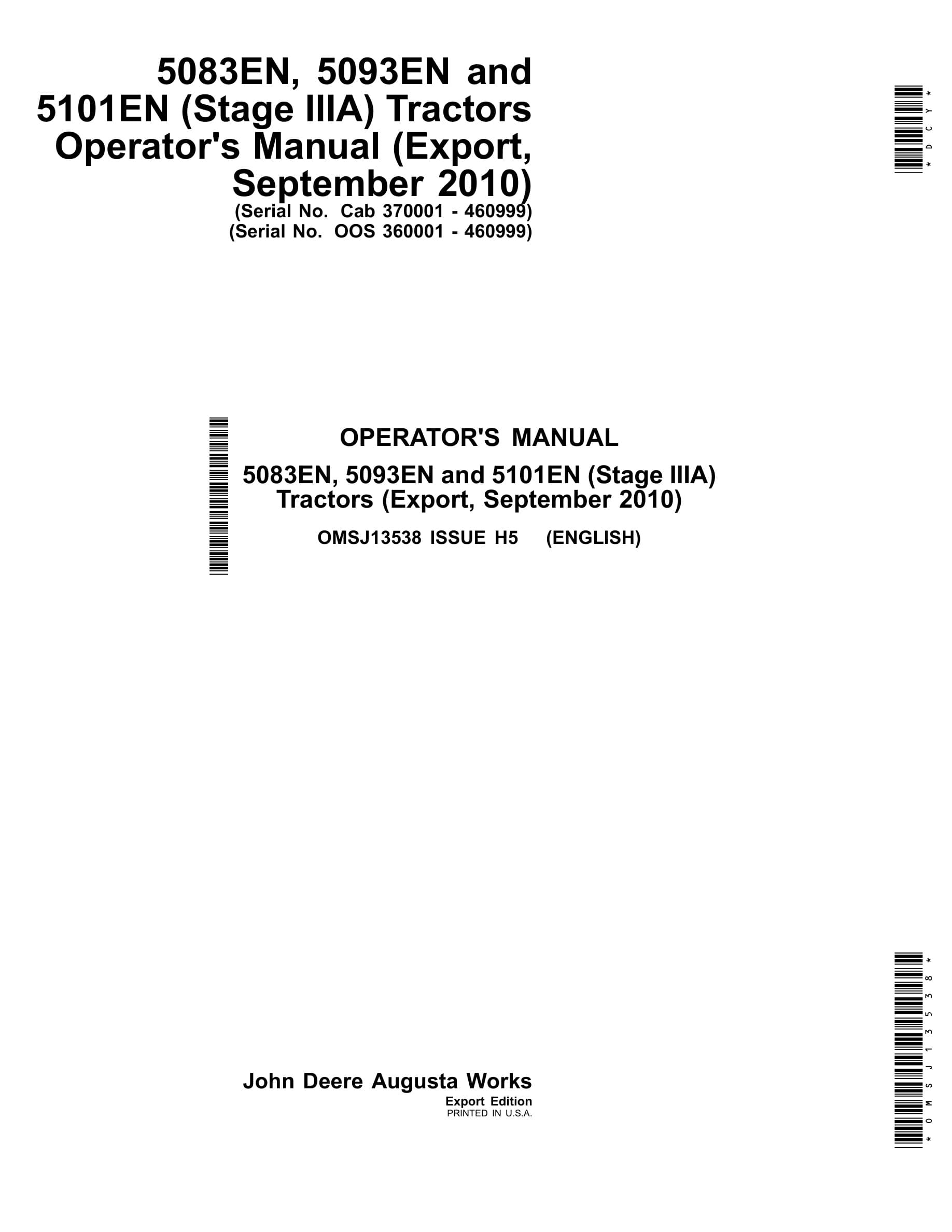 John Deere 5083en, 5093en And 5101en (stage Iiia) Tractors Operator Manuals OMSJ13538-1