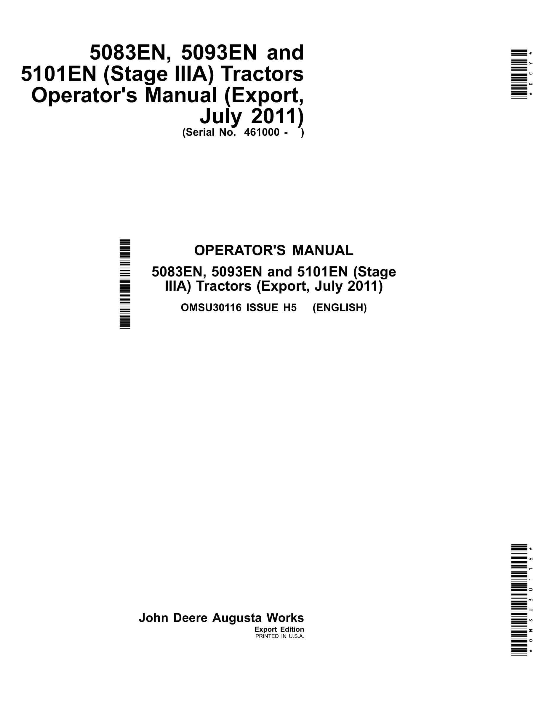 John Deere 5083en, 5093en And 5101en (stage Iiia) Tractors Operator Manuals OMSU30116-1