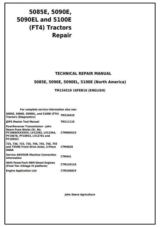 John Deere 5085E 5090E 5090EL 5100E (FT4) Tractor Service Repair Manual TM134519