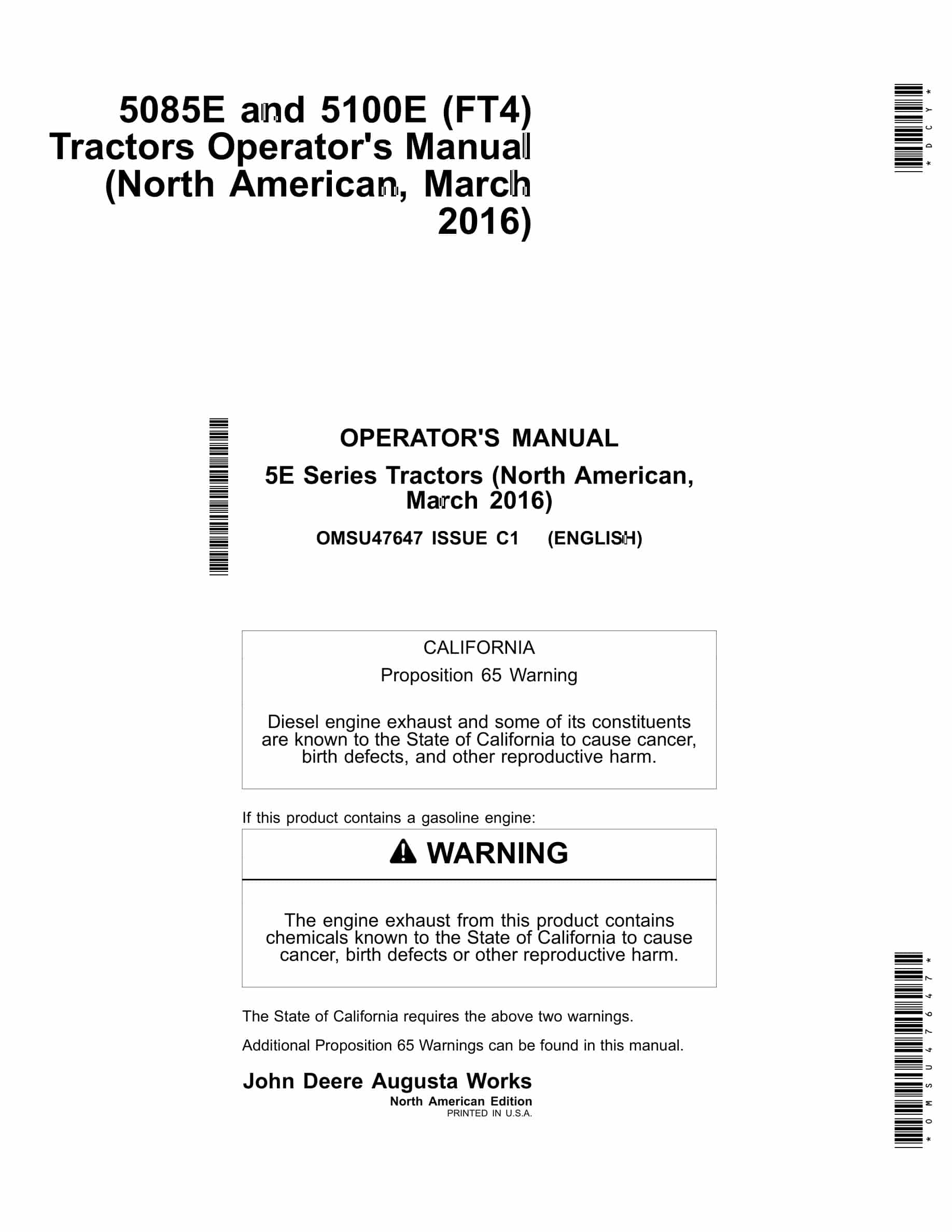 John Deere 5085E and 5100E (FT4) Tractor Operator Manual OMSU47647-1