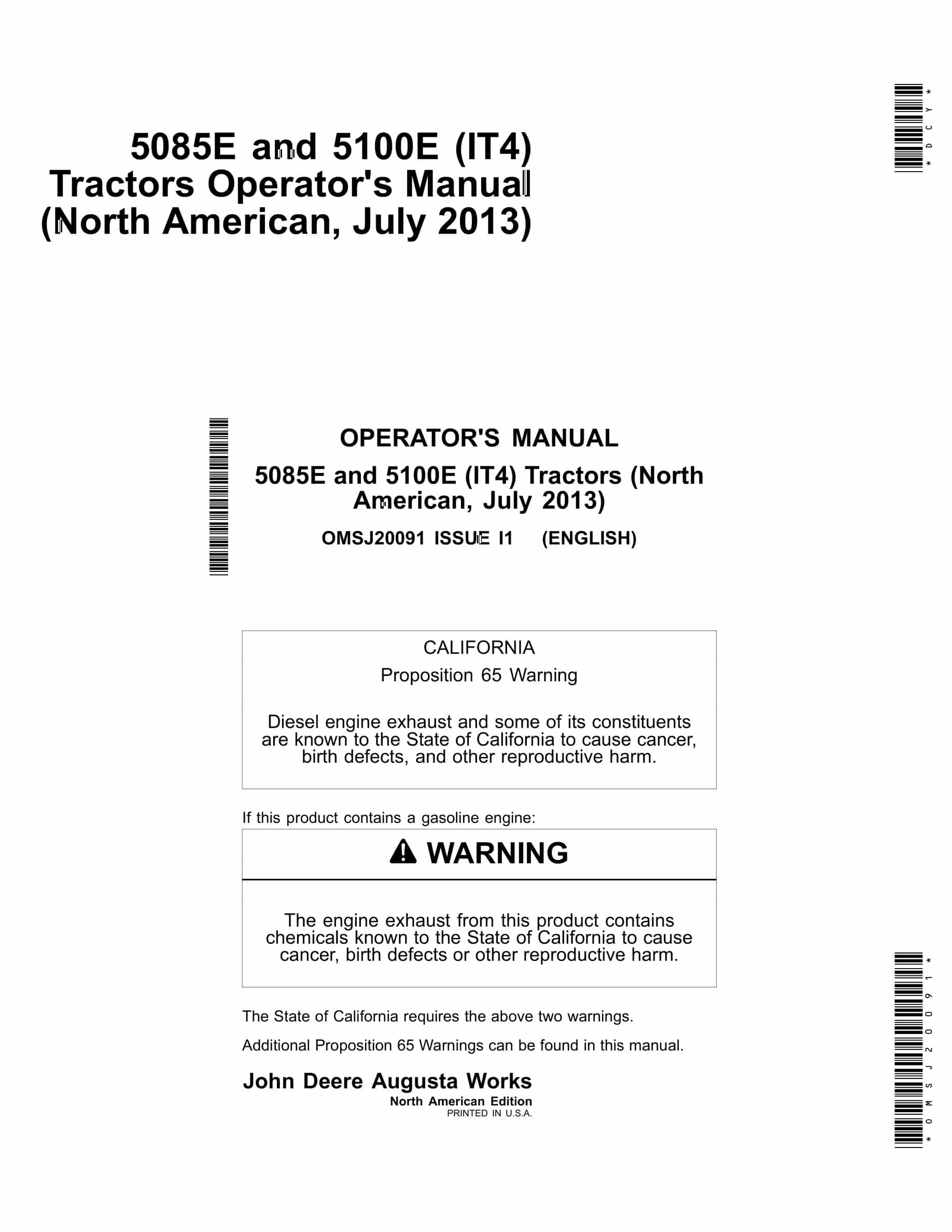 John Deere 5085E and 5100E (IT4 Tractor Operator Manual OMSJ20091-1