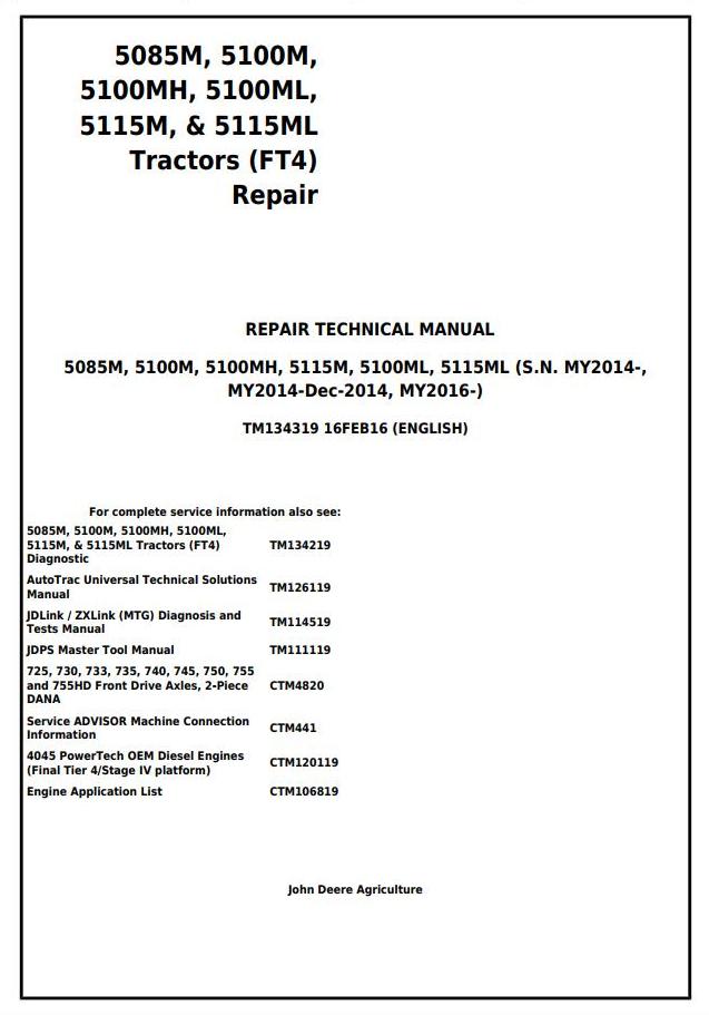 John Deere 5085M 5100M 5100MH 5100ML 5115M 5115ML (FT4) Tractor Repair Technical Manual TM134319