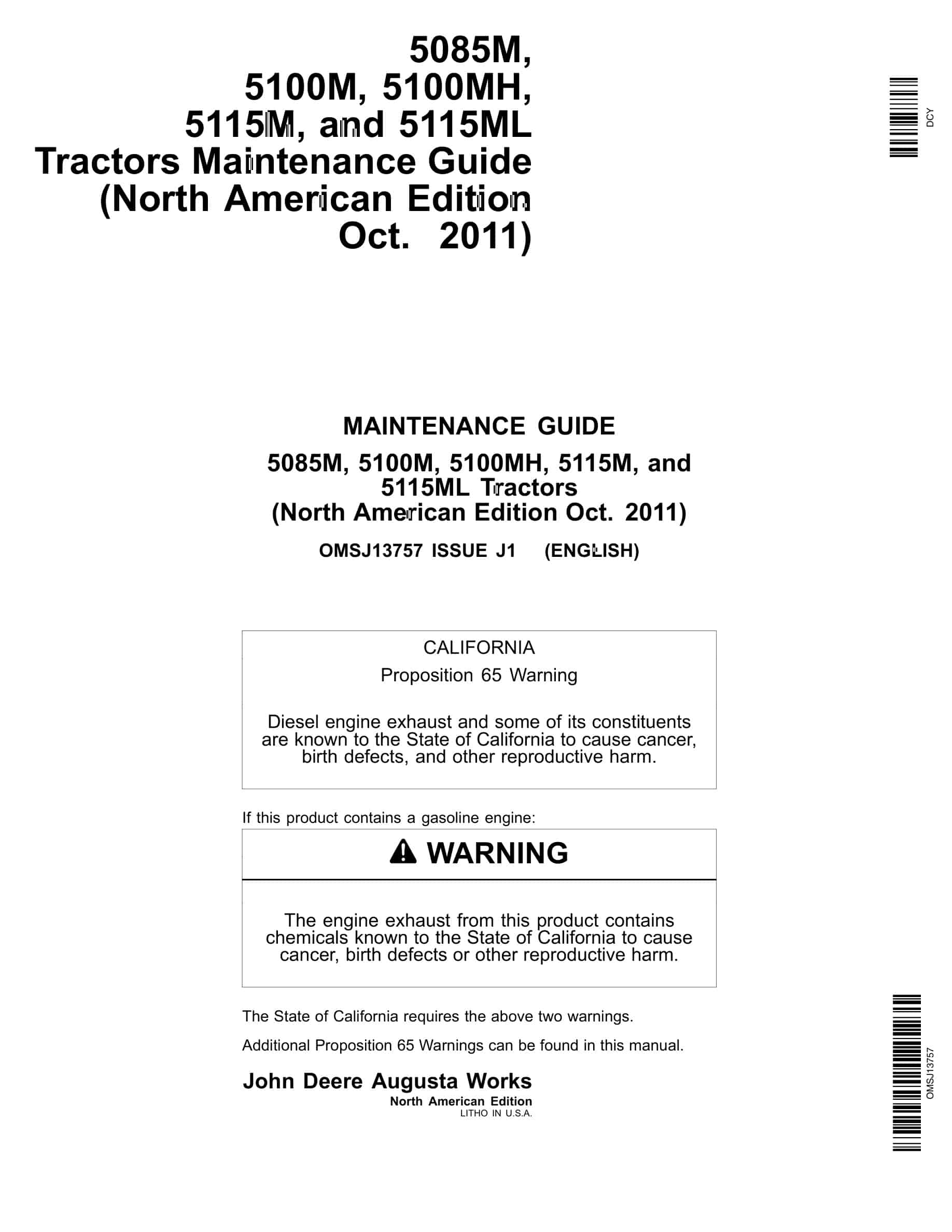 John Deere 5085M, 5100M, 5100MH, 5115M, and 5115ML Tractor Operator Manual OMSJ13757-1