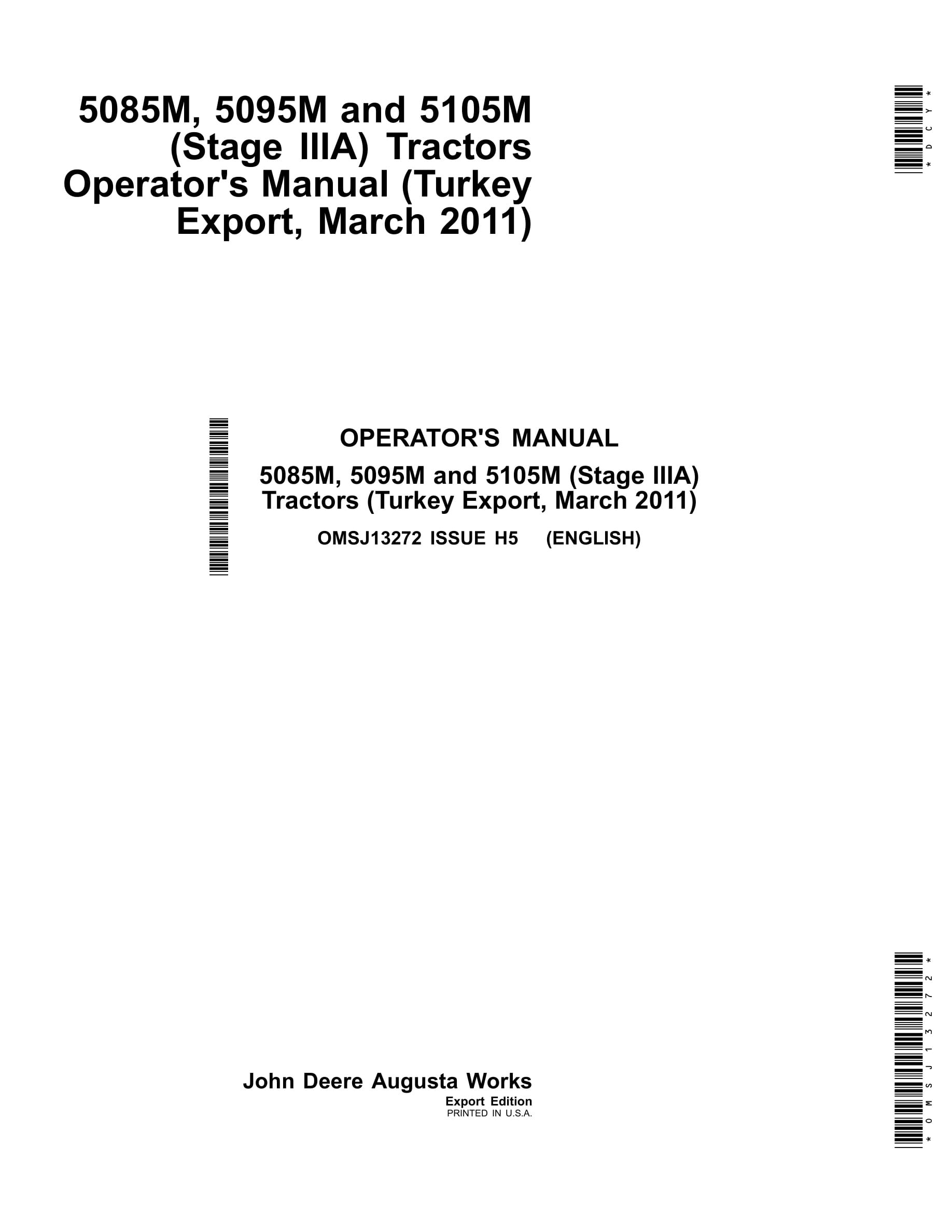 John Deere 5085m, 5095m And 5105m (stage Iiia) Tractors Operator Manuals OMSJ13272-1